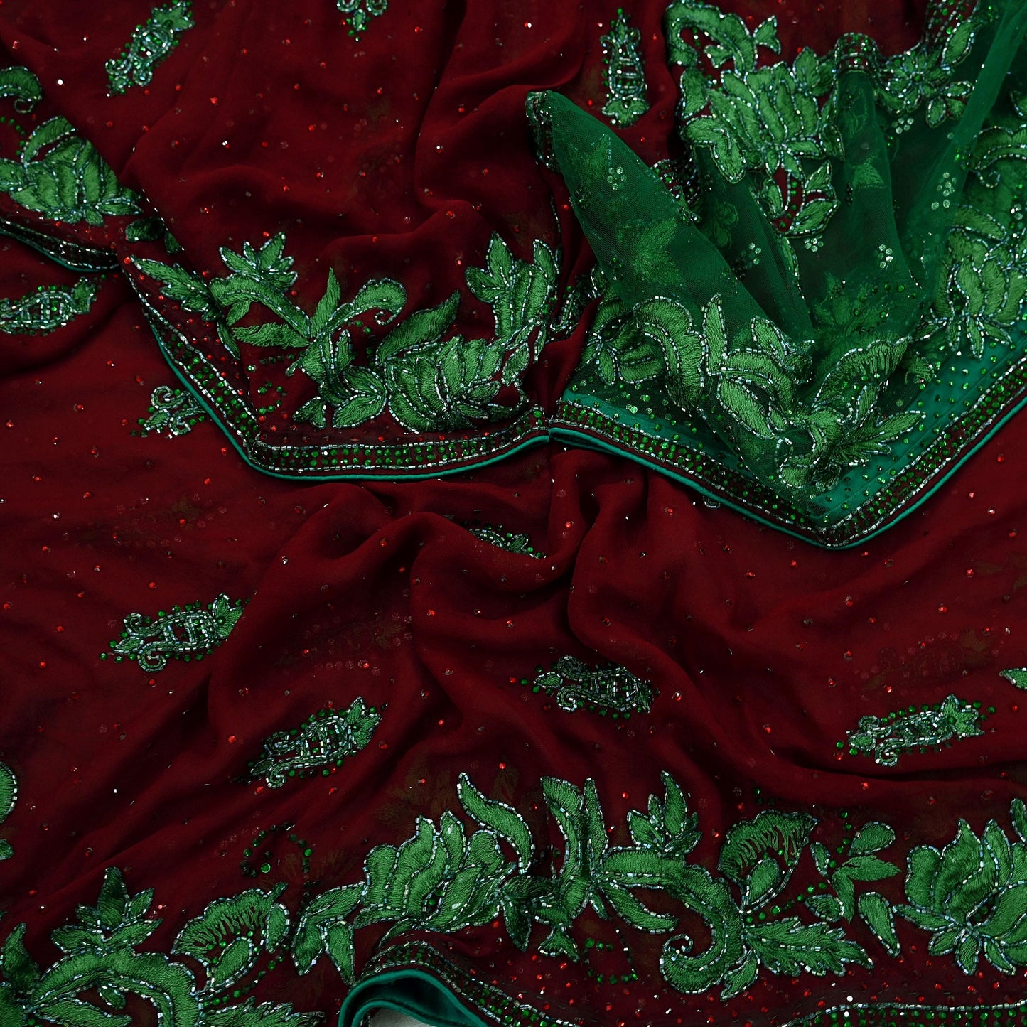 Indian Vintage Heavy Bridal Maroon Dupatta Pure Georgette Silk Long Stole Hand Embroidered Scarf Wedding Hijab veil Boho