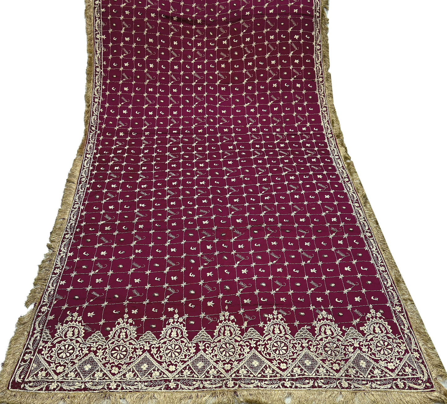 Indian Vintage Heavy Wedding Wine Dupatta Pure Satin Silk Long Stole Hand Embroidered Scarves Golden Zardozi Stole Fringes Bridal veil