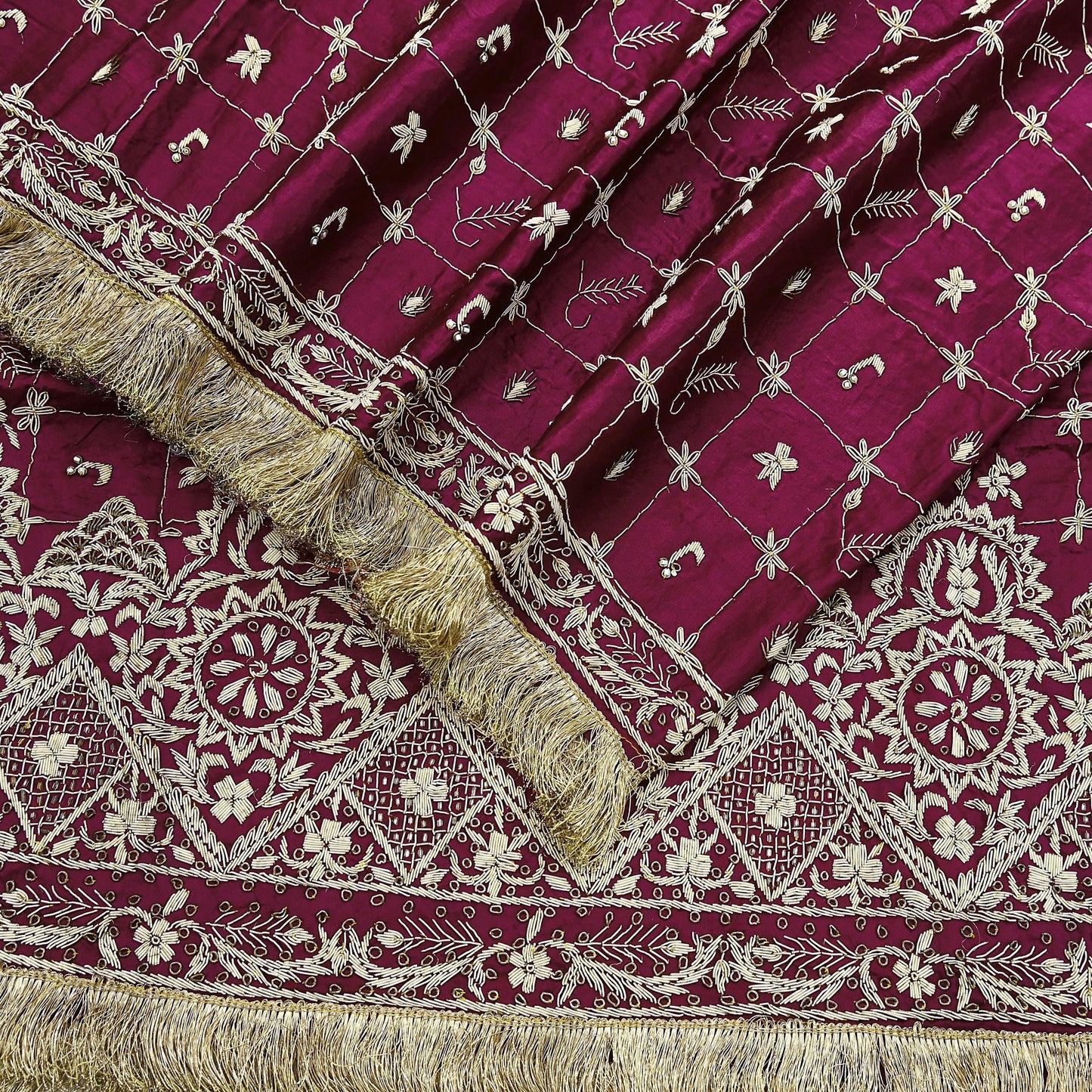 Indian Vintage Heavy Wedding Wine Dupatta Pure Satin Silk Long Stole Hand Embroidered Scarves Golden Zardozi Stole Fringes Bridal veil