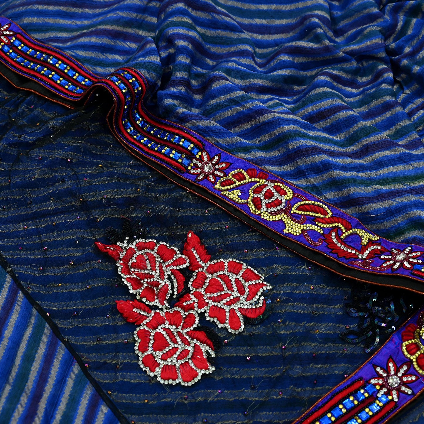 Indian Vintage Sari Black & Blue Pure Georgette Silk NetHand Beaded Sarees Fabric 6Yd Sewing Ethnic With Matching Unstitched Blouse Fabric
