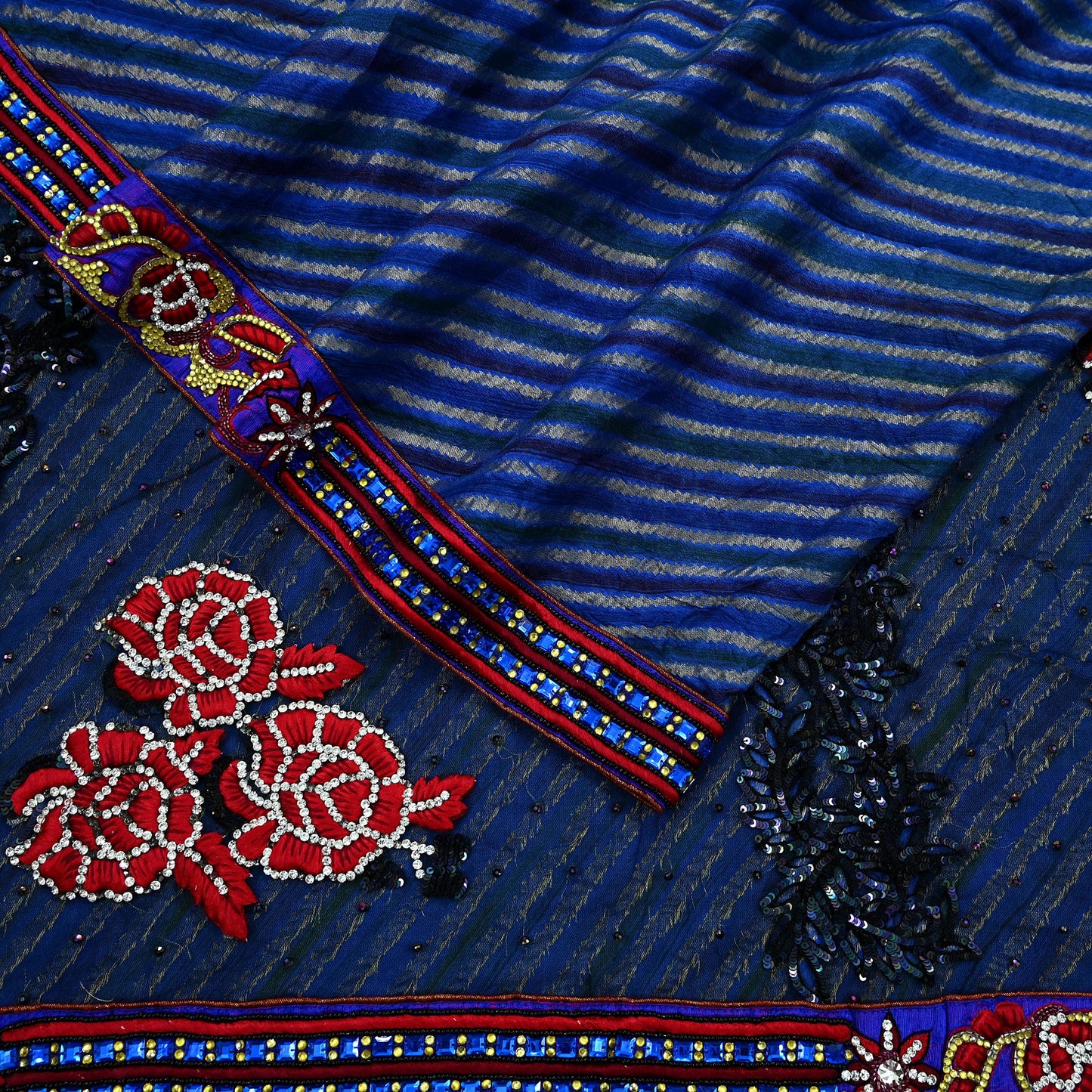 Indian Vintage Sari Black & Blue Pure Georgette Silk NetHand Beaded Sarees Fabric 6Yd Sewing Ethnic With Matching Unstitched Blouse Fabric