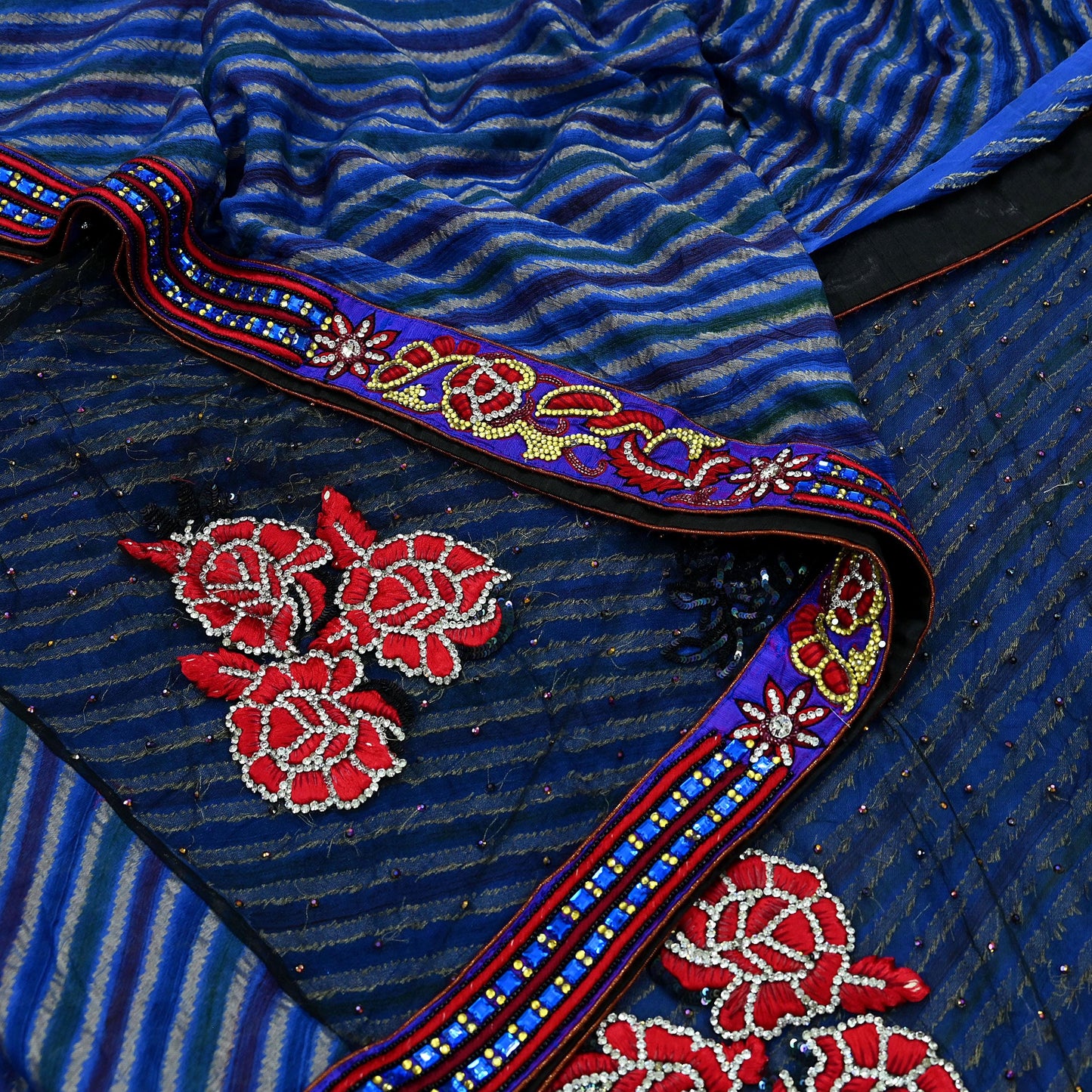 Indian Vintage Sari Black & Blue Pure Georgette Silk NetHand Beaded Sarees Fabric 6Yd Sewing Ethnic With Matching Unstitched Blouse Fabric