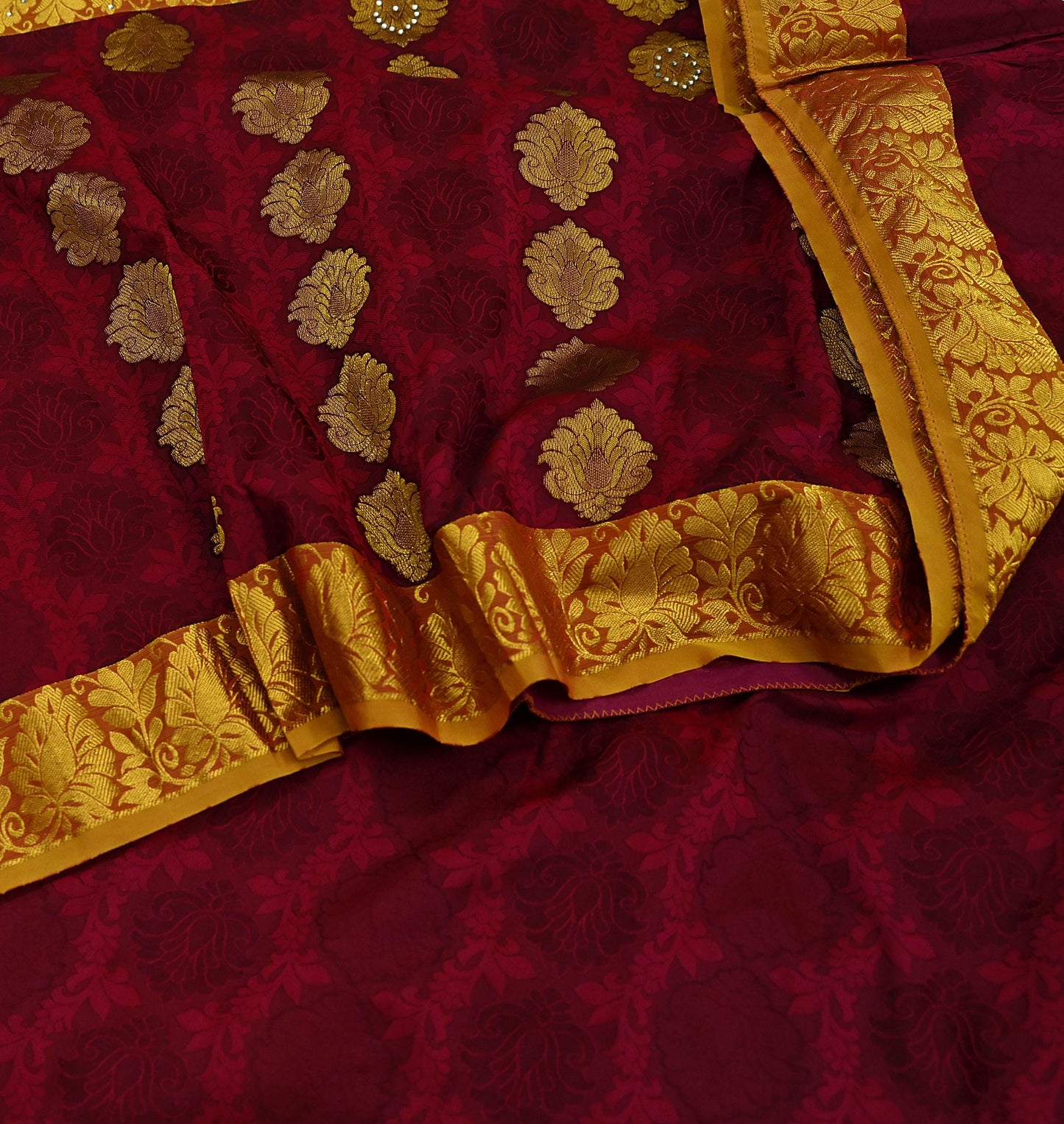 Indian Vintage Heavy Saree Maroon & Saffron Hand Woven Kanjivaram 100% Pure Silk Sari Craft Fabric 5Yd Ethnic Zari Floral