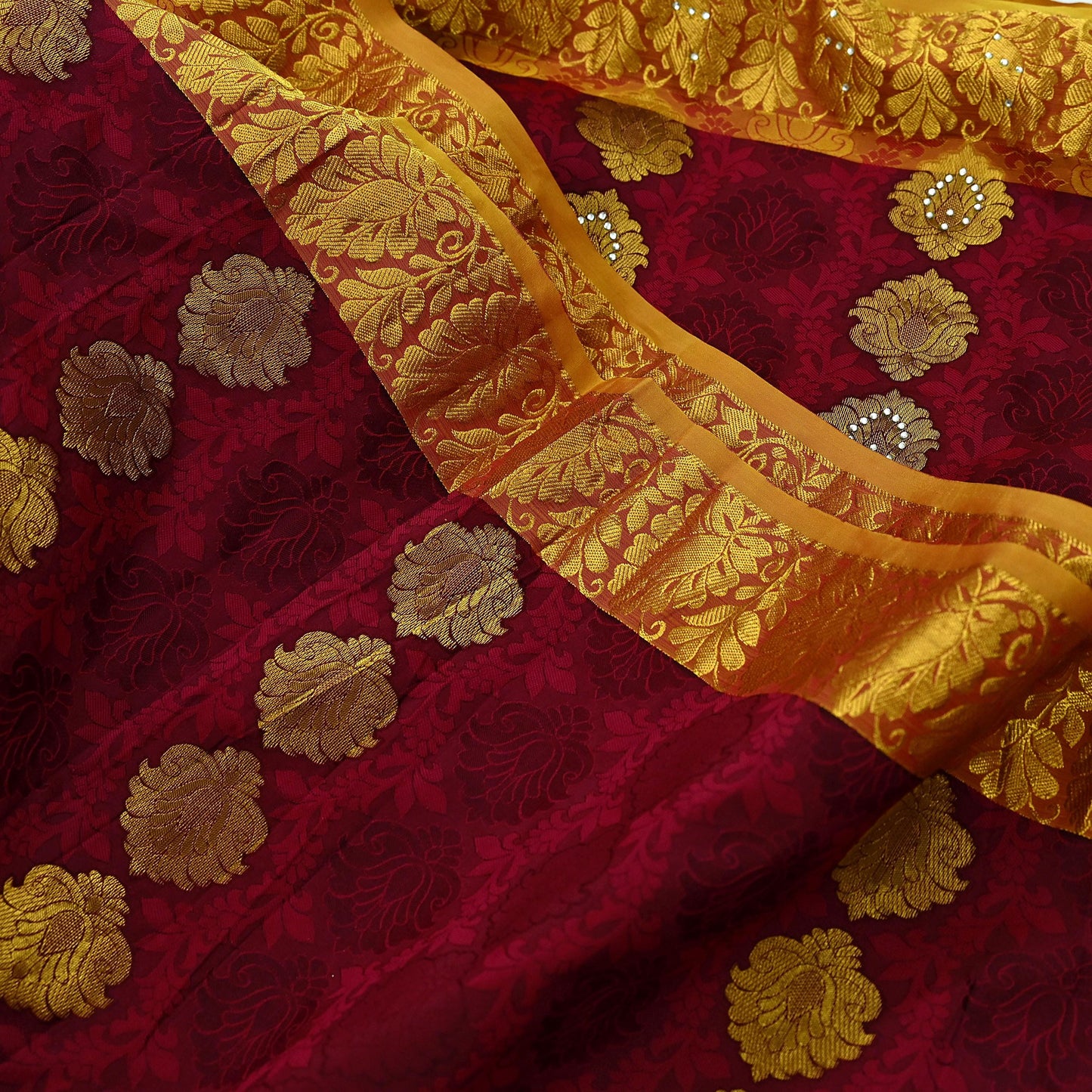 Indian Vintage Heavy Saree Maroon & Saffron Hand Woven Kanjivaram 100% Pure Silk Sari Craft Fabric 5Yd Ethnic Zari Floral