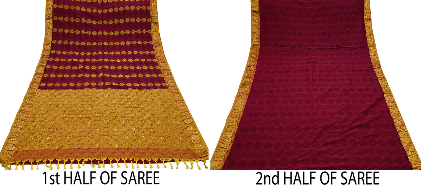 Indian Vintage Heavy Saree Maroon & Saffron Hand Woven Kanjivaram 100% Pure Silk Sari Craft Fabric 5Yd Ethnic Zari Floral