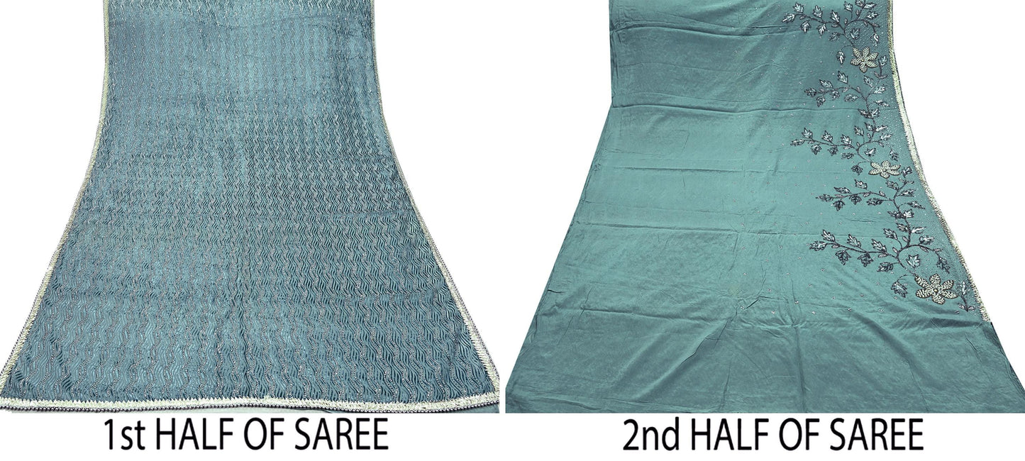 Indian Vintage Heavy Sarees Gray Pure Silk & Brasso Hand Embroidered Sari Fabric 5Yd Sewing Ethnic Sequins Wedding sarees