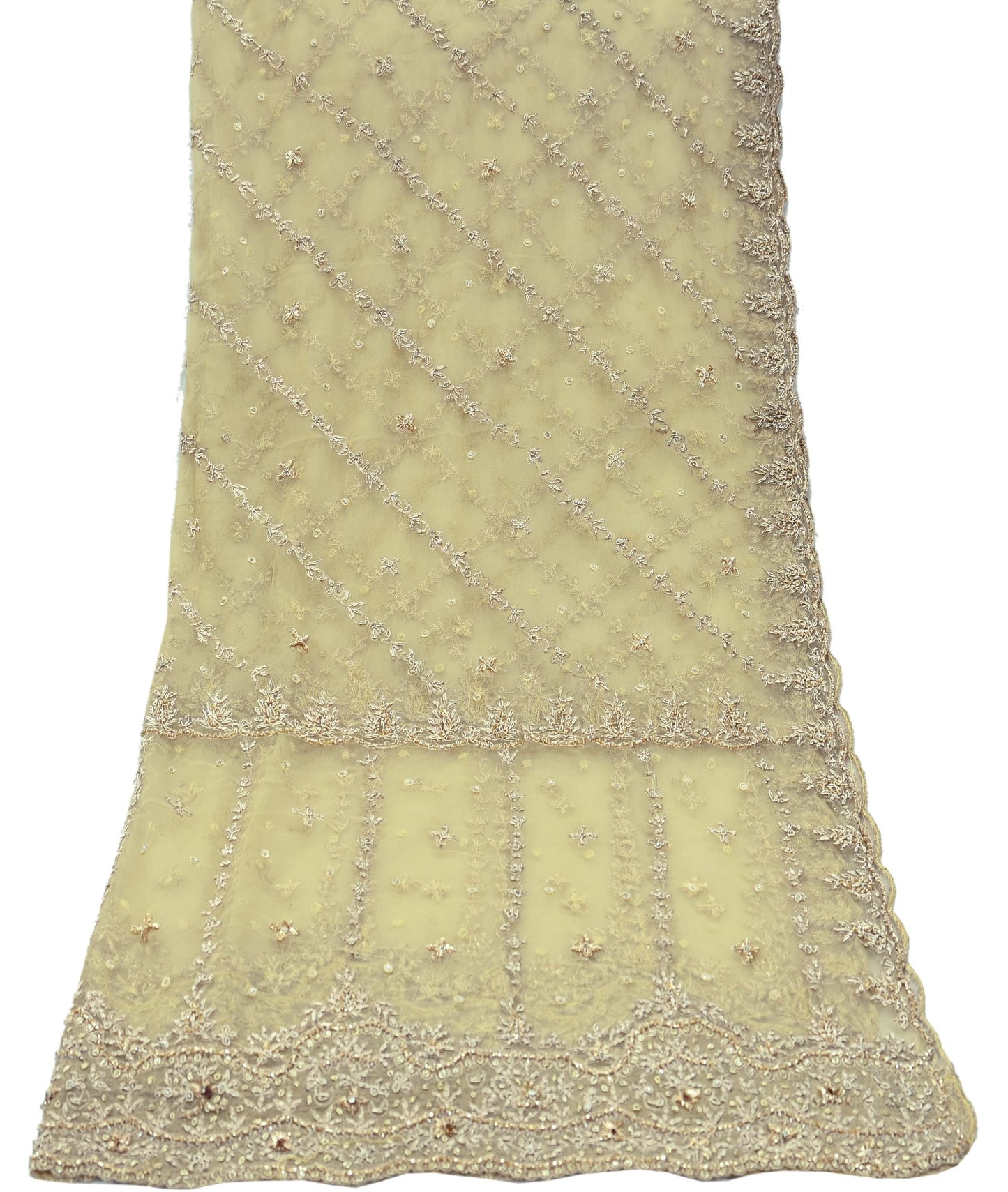 Indian Vintage Heavy Bridal Beige Dupatta Net Mesh Long Stole Hand Embroidered Scarves Zardozi Zari Glass Beaded Hijab Wedding veil