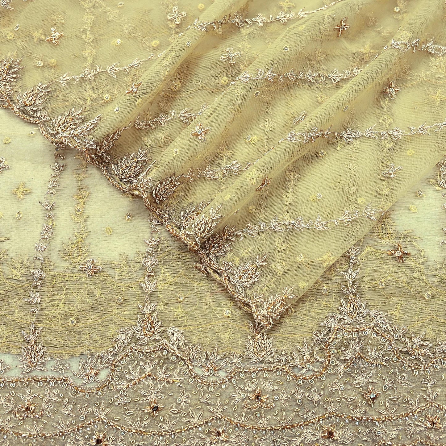 Indian Vintage Heavy Bridal Beige Dupatta Net Mesh Long Stole Hand Embroidered Scarves Zardozi Zari Glass Beaded Hijab Wedding veil
