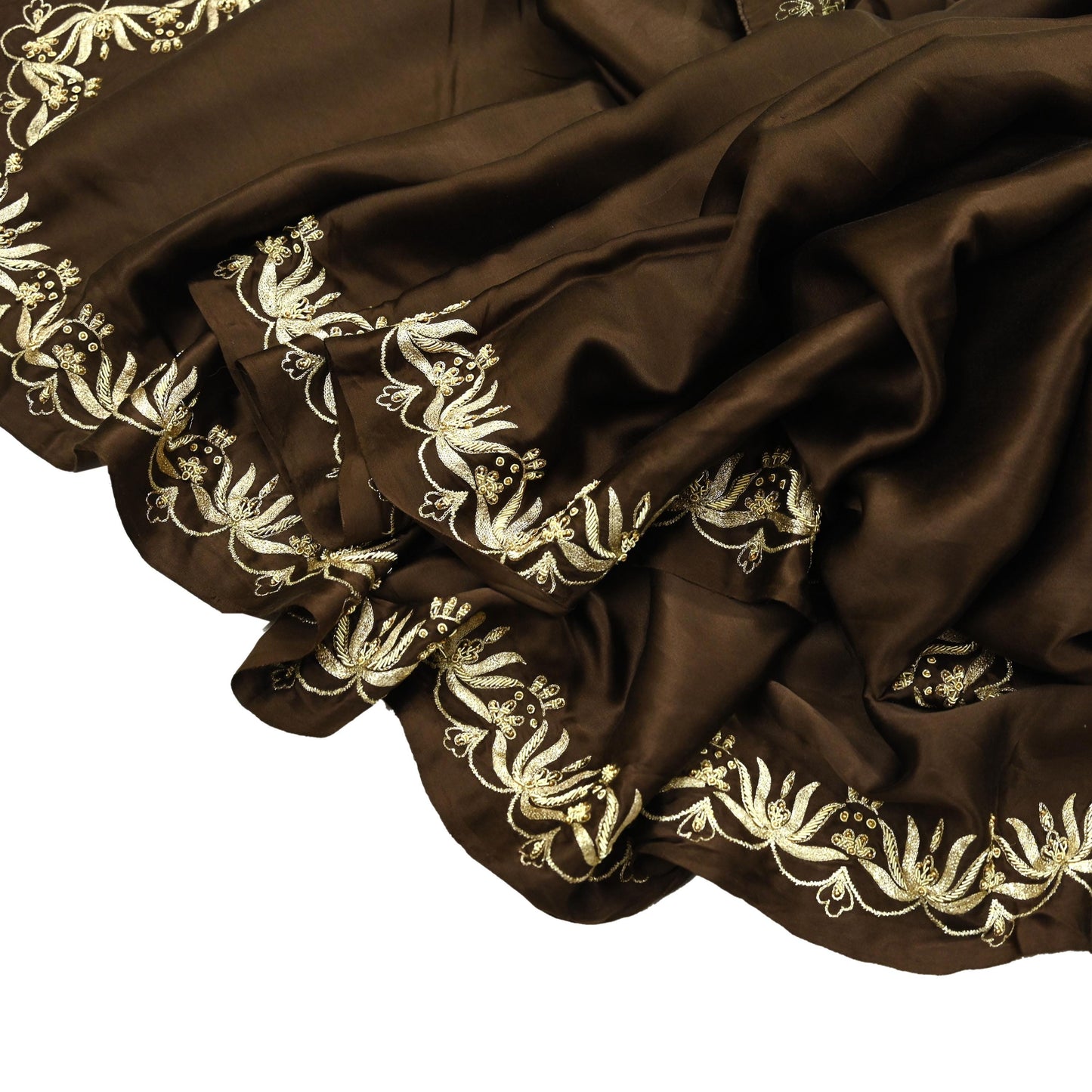 Indian Vintage Heavy Wedding Navy Brown Dupatta Pure Satin Silk Long Stole Hand Embroidered Scarves Golden Zardozi Stole Bridal Veil