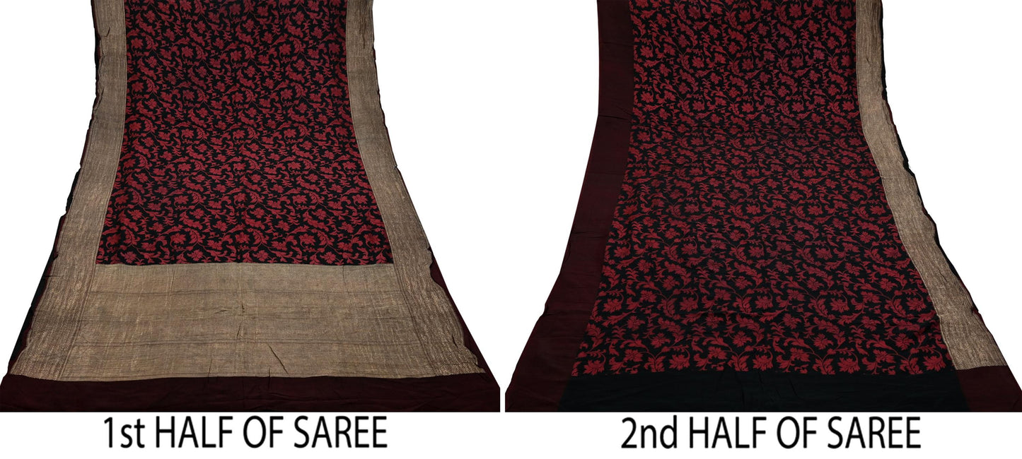 Indian Vintage Heavy Sari Black Hand Woven Sarees 100% Pure Silk Zari 5Yd Dress making Crafting Upcycle Quilting Floral