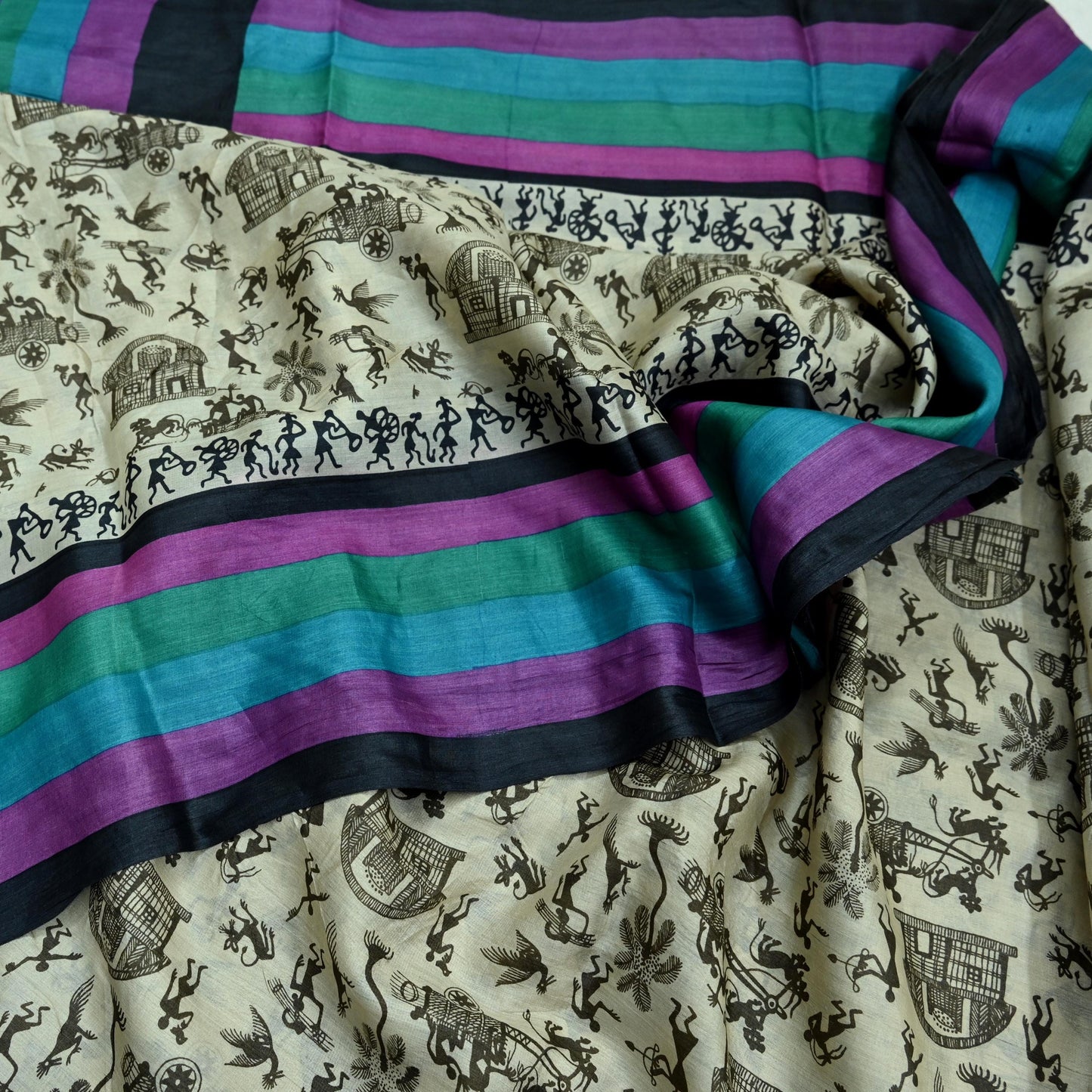 Indian Vintage Ivory Saree Pure Khadi Silk Handloom Warli Printed Sari Craft Fabric 5yd Ethnic Wear Sari Humans Dress making Crafting