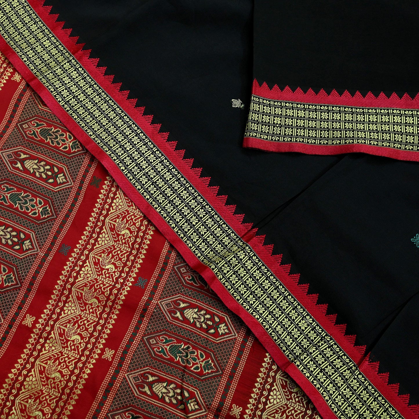 Indian Vintage Sari Black & Red Artificial Silk Hand Woven Saree Fabric 5yd Sewing Craft Dress Making Soft Floral Ethnic