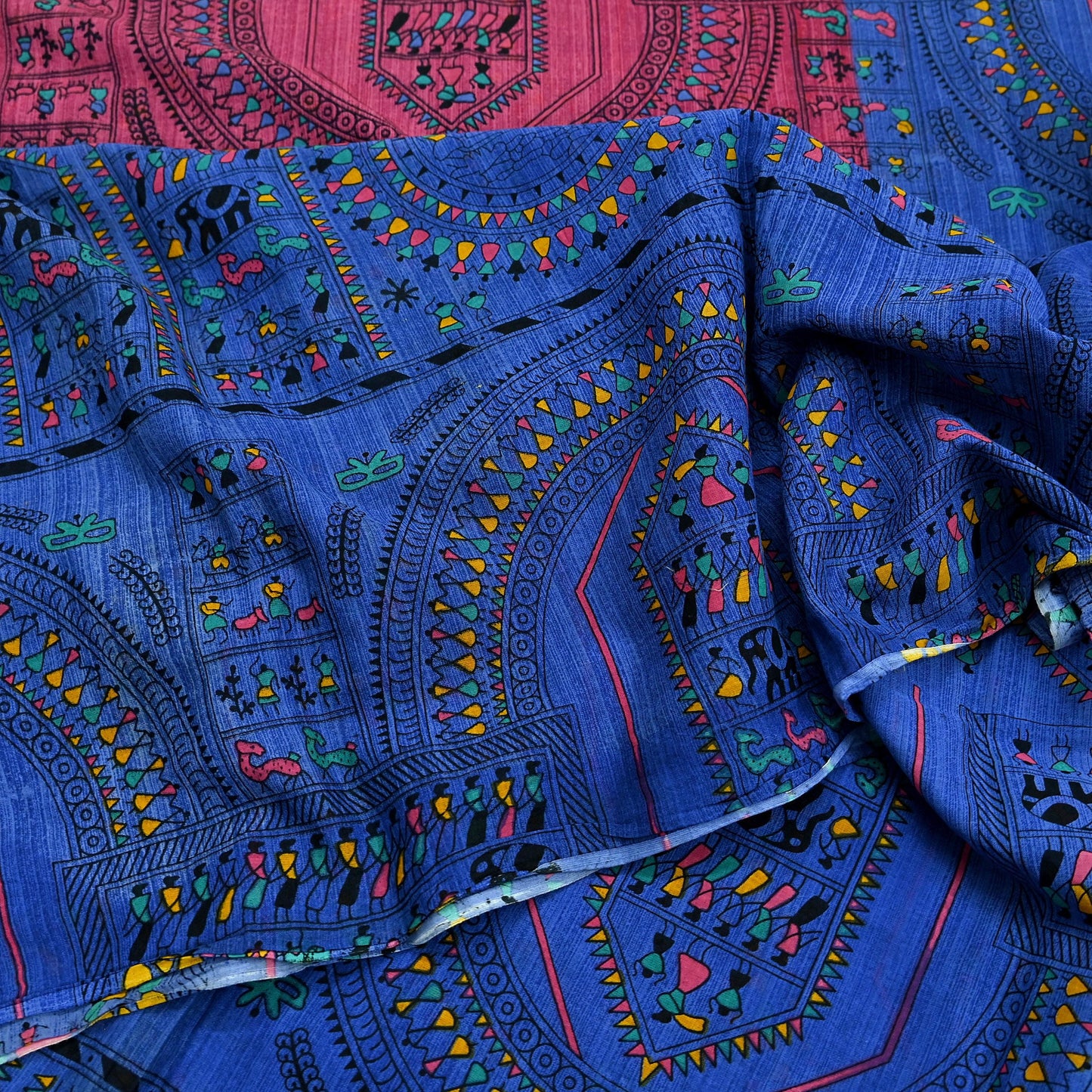 Indian Vintage Blue & Pink Saree Warli Print Pure Cotton Sari Craft Fabric 5Yd Soft Sewing Sarong Wrap Boho Dress making Crafting Quilting