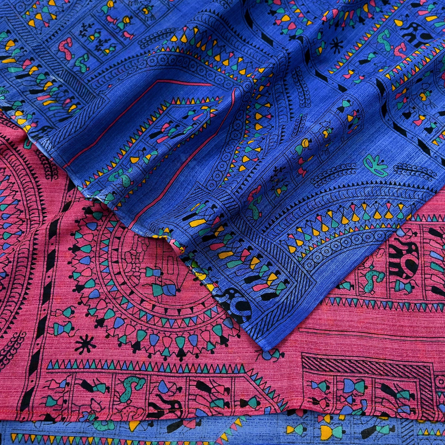Indian Vintage Blue & Pink Saree Warli Print Pure Cotton Sari Craft Fabric 5Yd Soft Sewing Sarong Wrap Boho Dress making Crafting Quilting