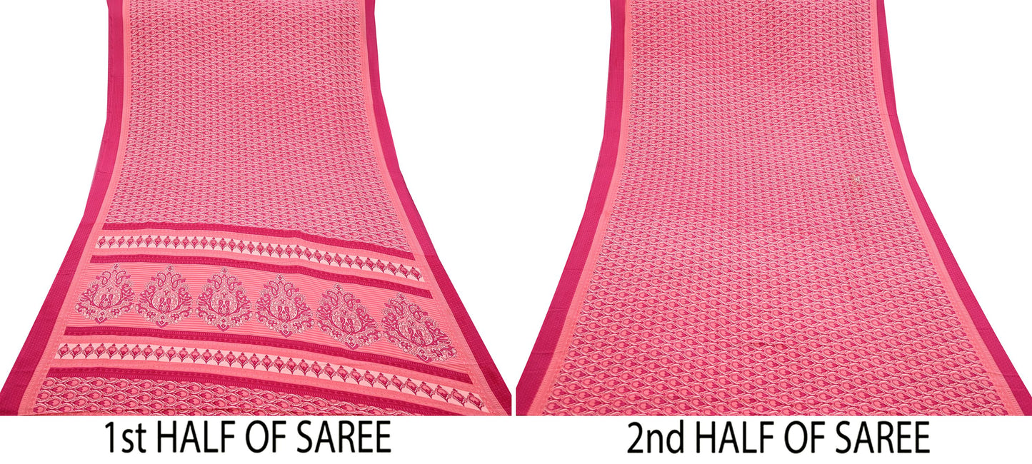 Indian Vintage Sari Peach & Pink Moss Crepe Printed Sarees 5yd Craft Fabric Sewing Floral Soft Dress making Quilting Crafting Upcycle Used