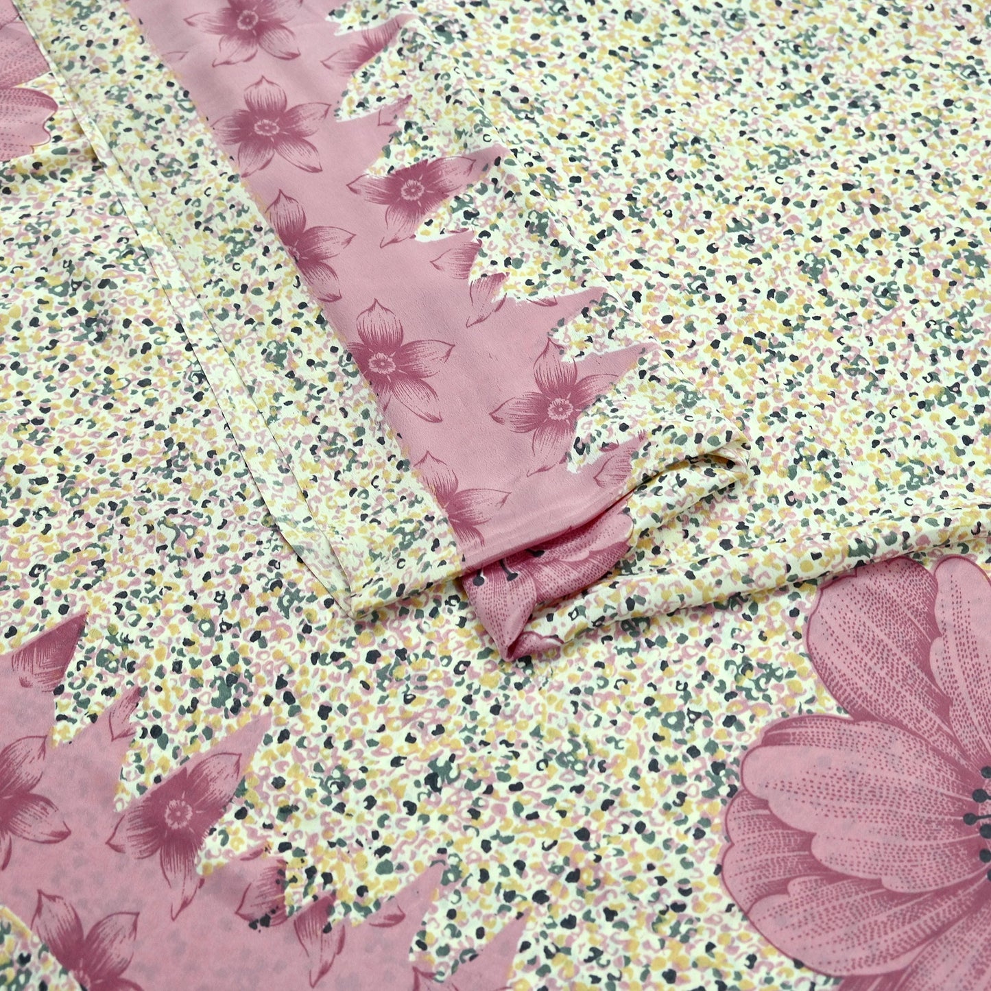 Indian Vintage Sari Ivory & Pink Moss Crepe Printed Sarees 5yd Craft Fabric Sewing Floral Soft Dress making Quilting Crafting Upcycle Used