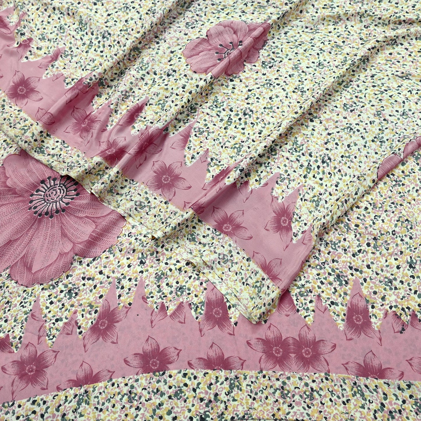 Indian Vintage Sari Ivory & Pink Moss Crepe Printed Sarees 5yd Craft Fabric Sewing Floral Soft Dress making Quilting Crafting Upcycle Used
