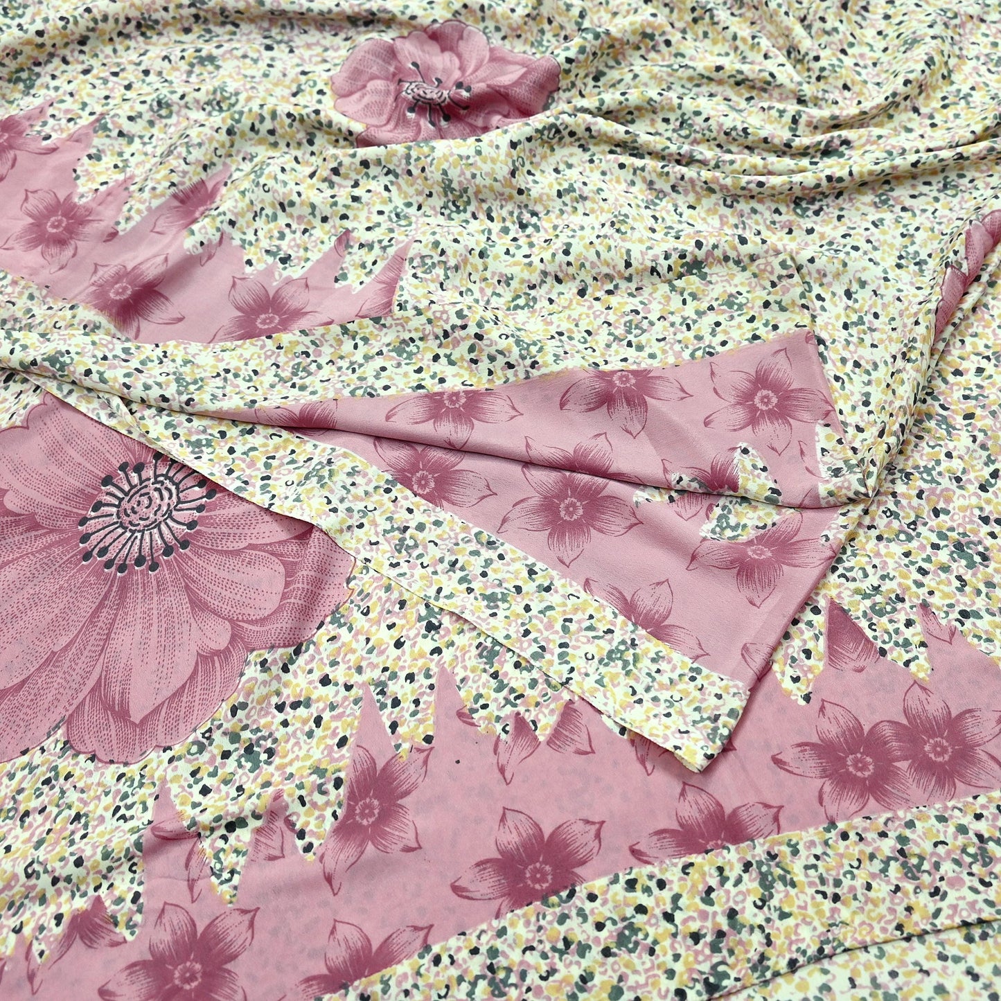 Indian Vintage Sari Ivory & Pink Moss Crepe Printed Sarees 5yd Craft Fabric Sewing Floral Soft Dress making Quilting Crafting Upcycle Used
