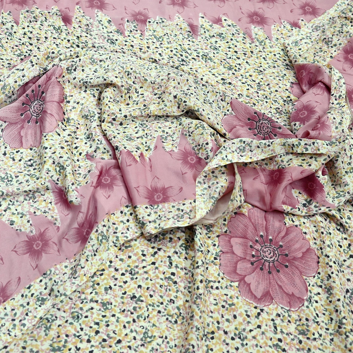 Indian Vintage Sari Ivory & Pink Moss Crepe Printed Sarees 5yd Craft Fabric Sewing Floral Soft Dress making Quilting Crafting Upcycle Used