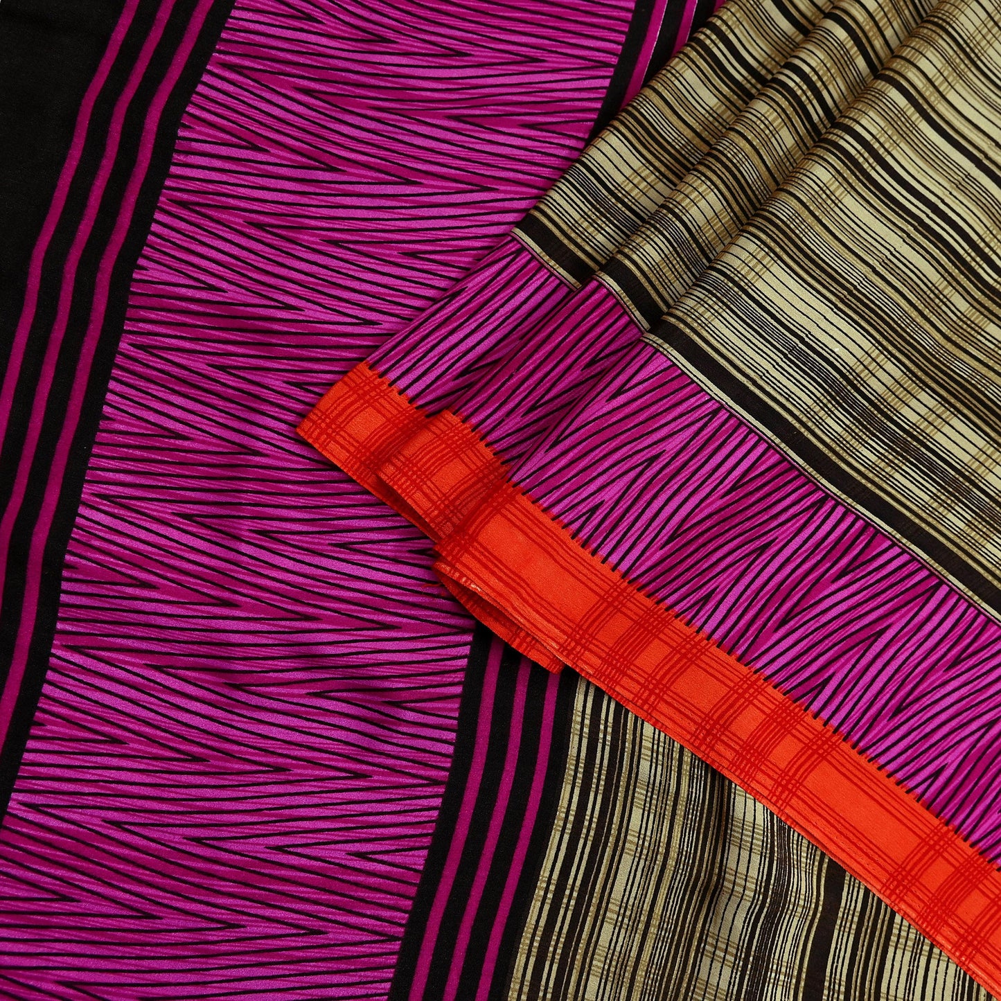 Indian Vintage Beige & Brown Saree Moss Crepe Printed Sari 5yd Sewing Stripes Soft Craft Fabric Dressmaking Quilting Crafting Upcycle