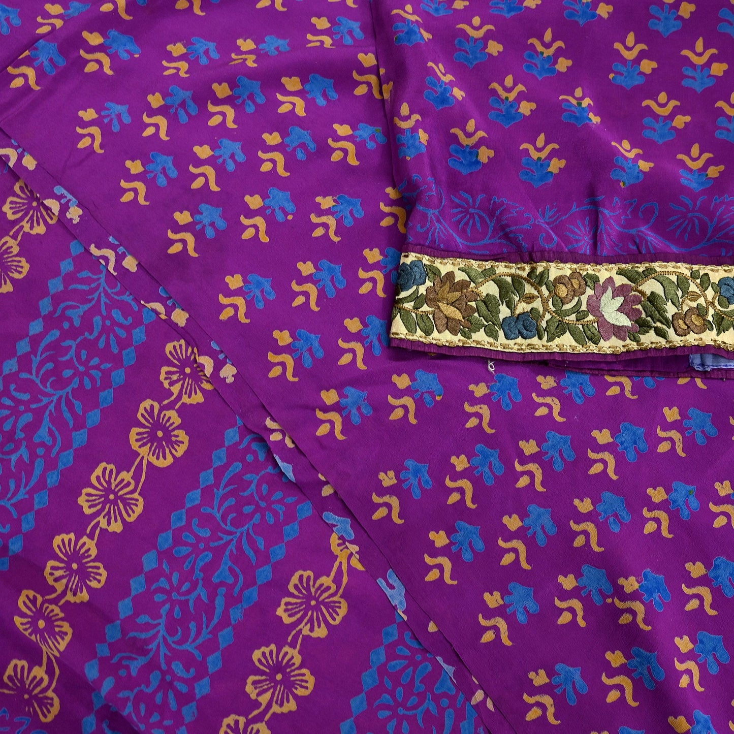 Indian Vintage Sari Purple Pure Crepe Silk Block Printed Saree 5yd Sewing Floral Craft Fabric Wrap Dress Making Quilting Crafting