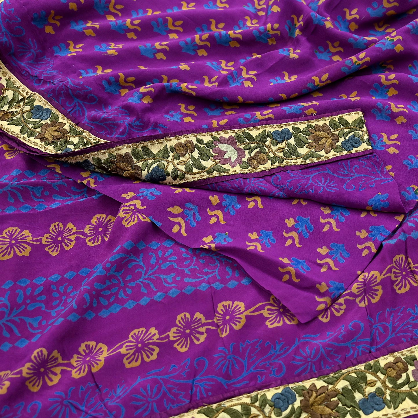Indian Vintage Sari Purple Pure Crepe Silk Block Printed Saree 5yd Sewing Floral Craft Fabric Wrap Dress Making Quilting Crafting