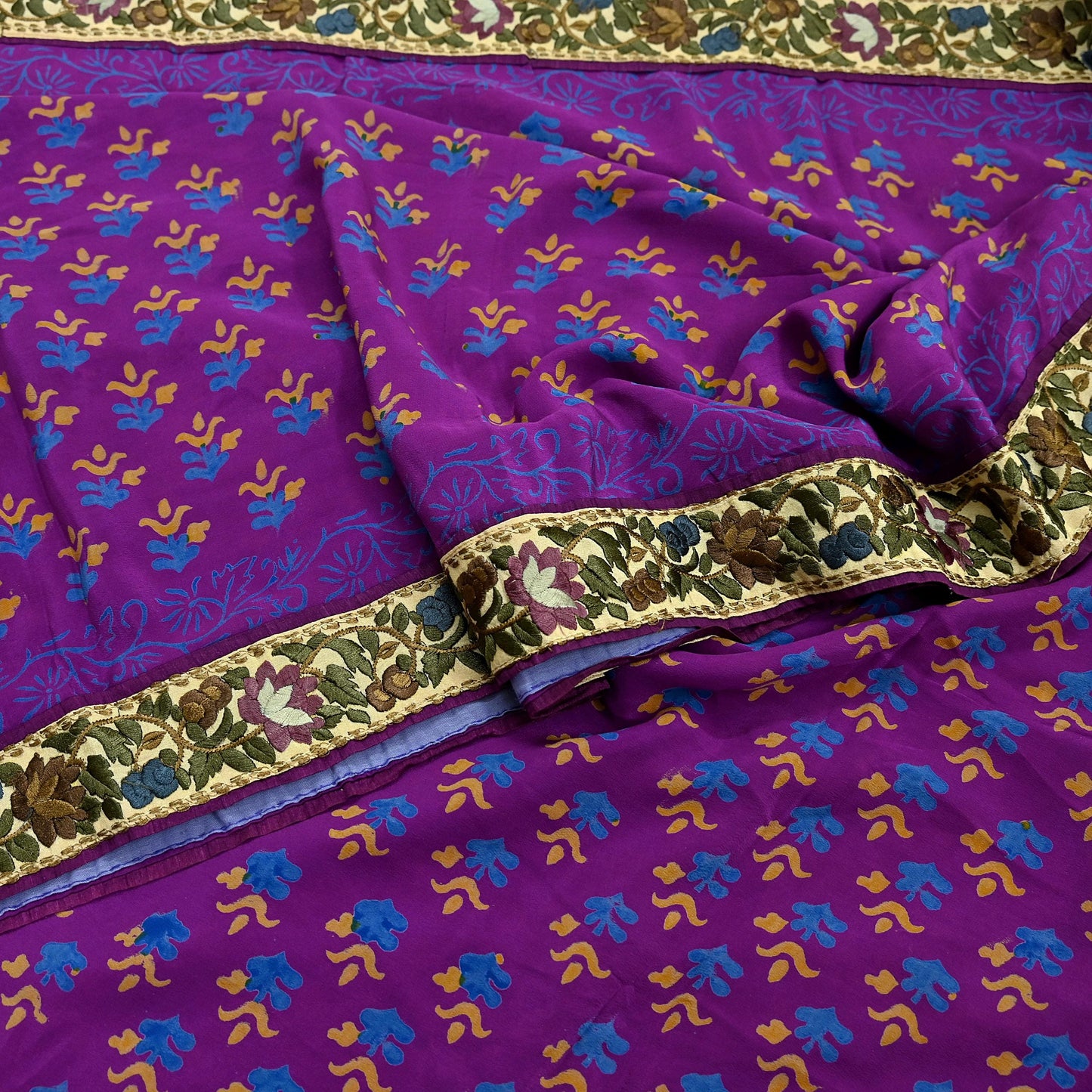 Indian Vintage Sari Purple Pure Crepe Silk Block Printed Saree 5yd Sewing Floral Craft Fabric Wrap Dress Making Quilting Crafting