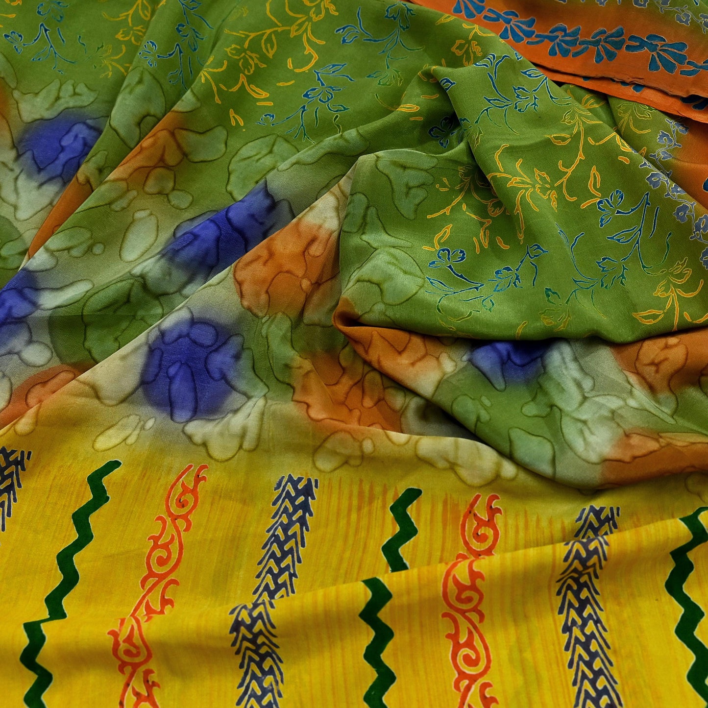 Indian Vintage Sari Yellow &Green Pure Crepe Silk Printed Sarees 5yd Sewing Floral Soft Craft Fabric Wrap Dress making Crafting Quilting