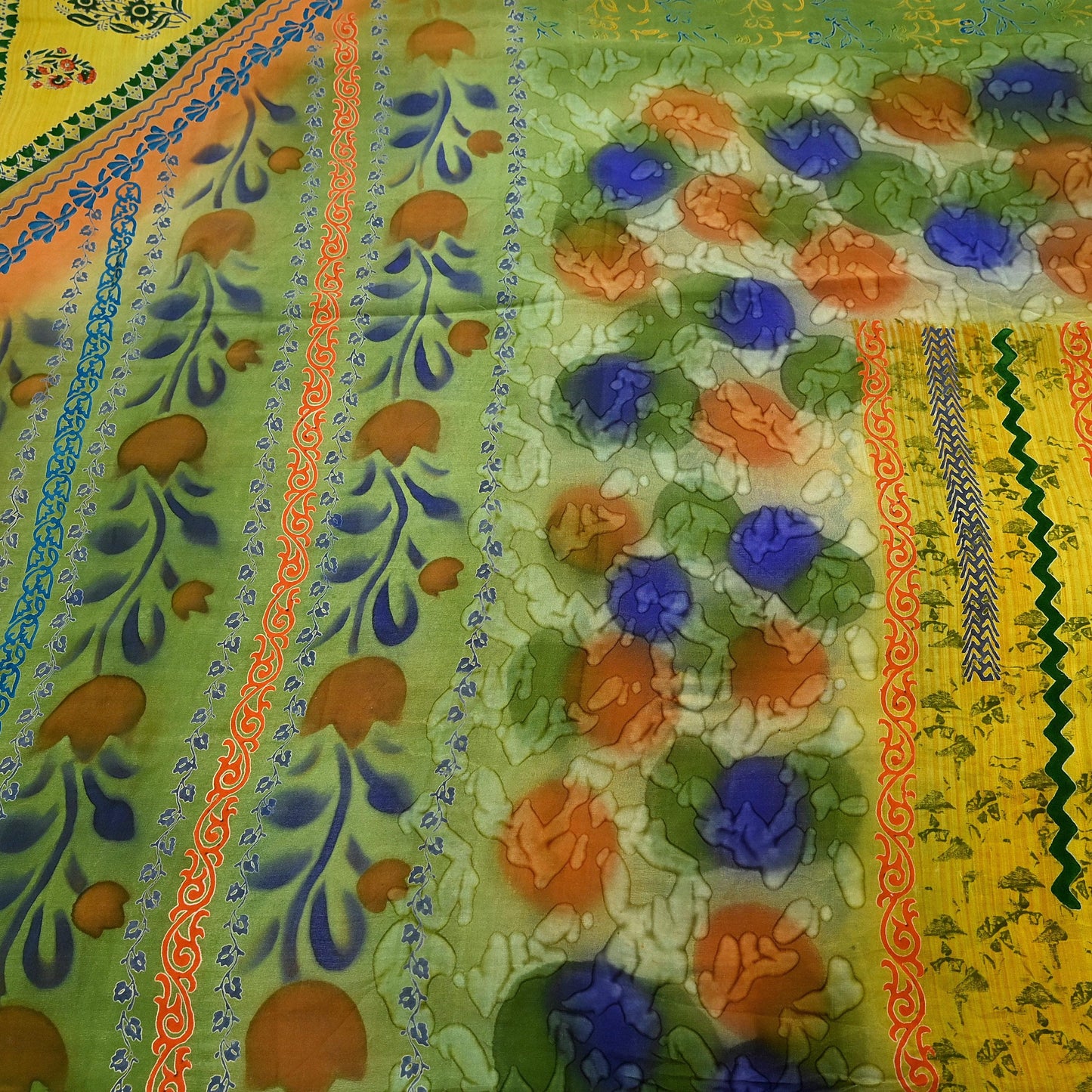 Indian Vintage Sari Yellow &Green Pure Crepe Silk Printed Sarees 5yd Sewing Floral Soft Craft Fabric Wrap Dress making Crafting Quilting