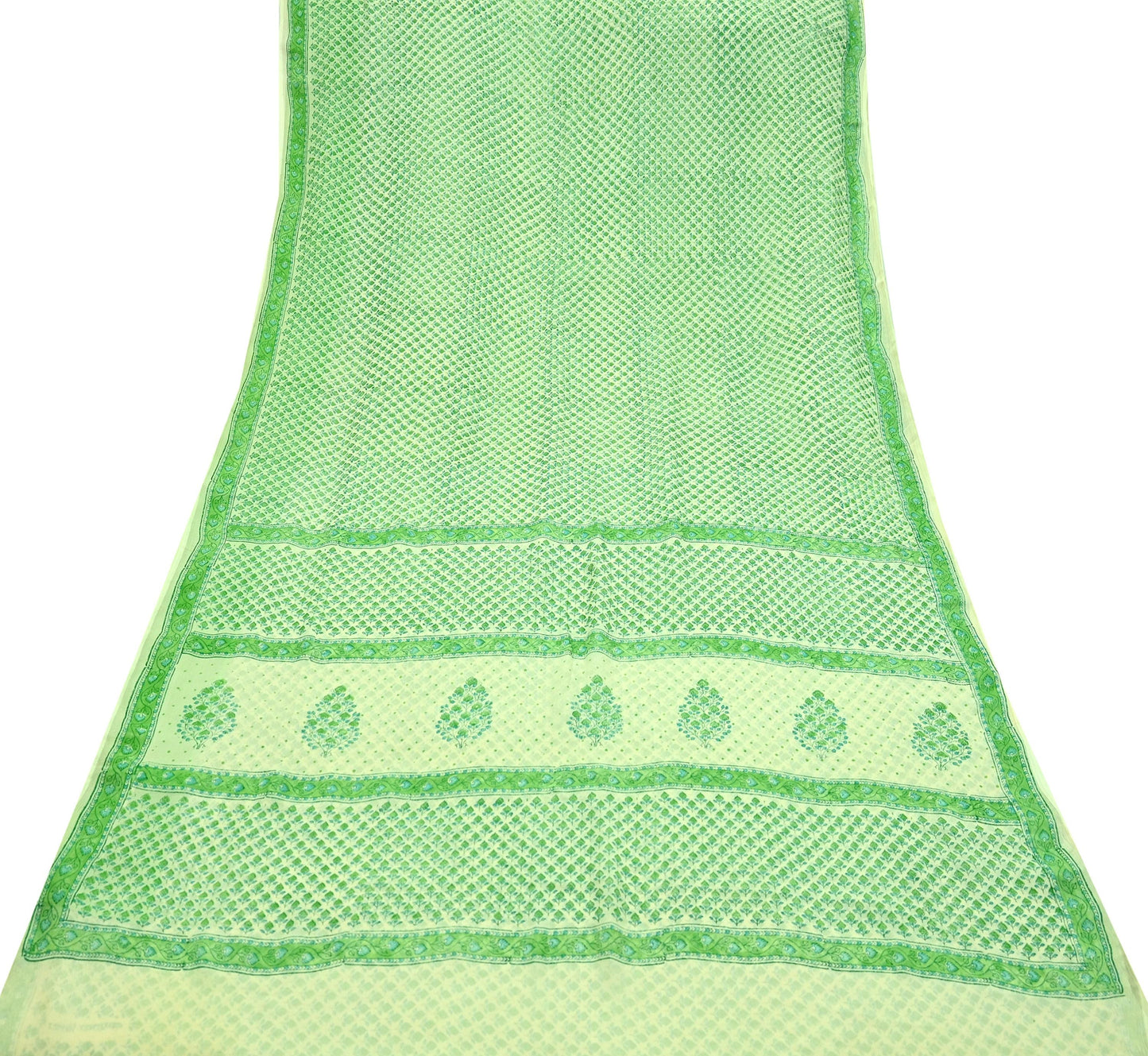 Indian Vintage Sari Green & Ivory Pure Chiffon Silk Printed Sarees 5Yd Craft Fabric Sewing Soft Light Sari Dress Making Upcycle Quilting