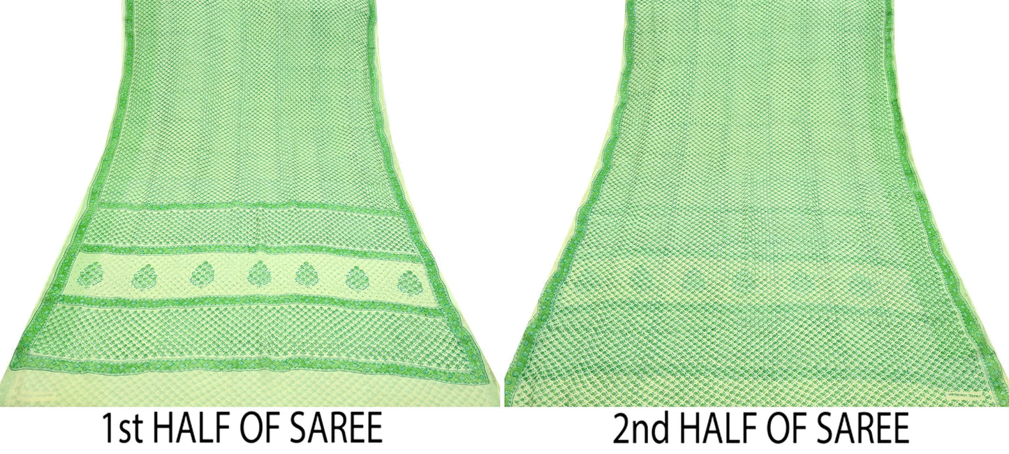 Indian Vintage Sari Green & Ivory Pure Chiffon Silk Printed Sarees 5Yd Craft Fabric Sewing Soft Light Sari Dress Making Upcycle Quilting