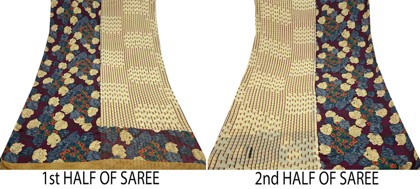 Indian Vintage Sari Beige & Maroon Pure Georgette Silk Printed Sarees Craft Fabric Sewing 5Yd Soft Dress Making Crafting Quilting Upcycle