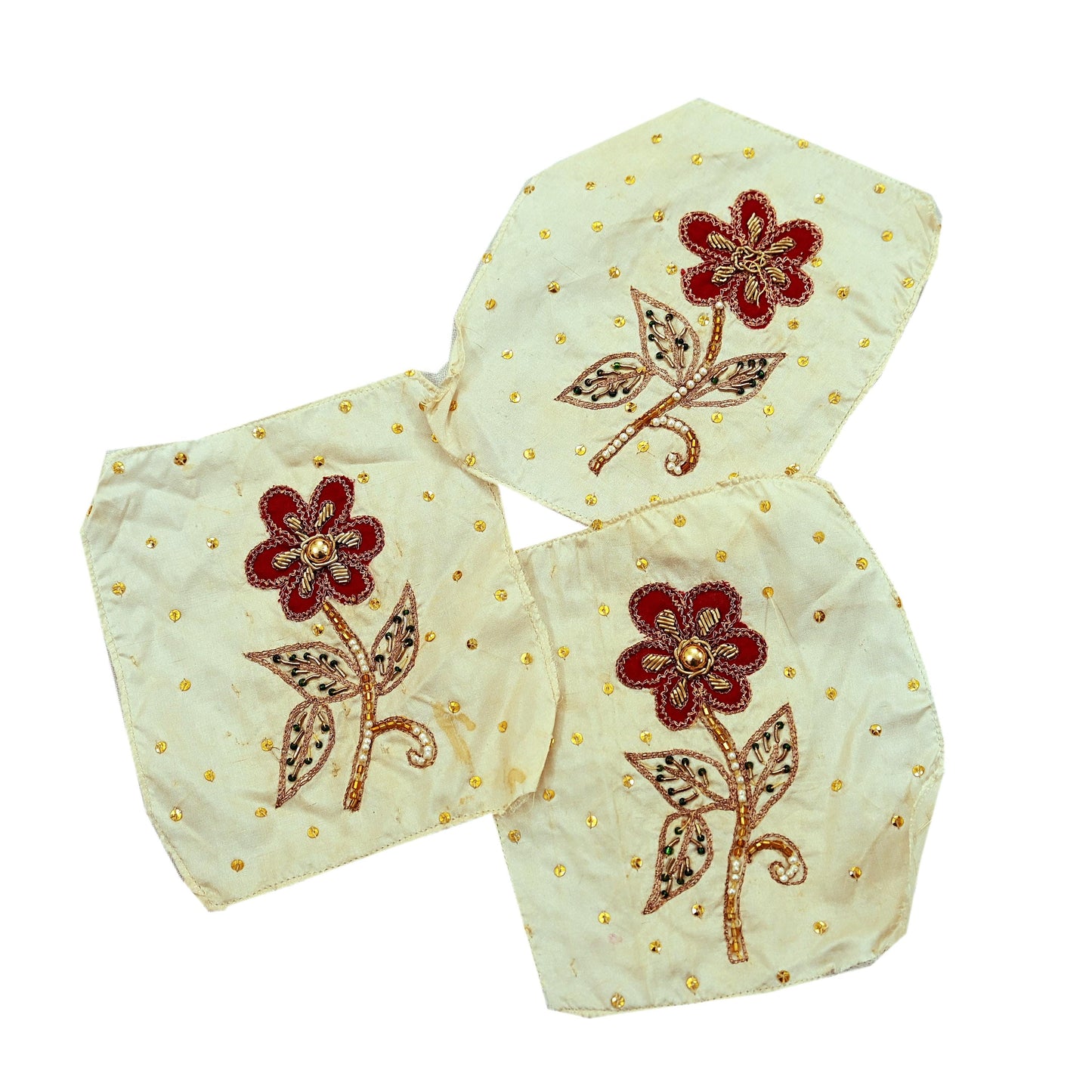 Vintage 3 Pcs Appliques Ivory Sari Pure Silk Applique VERY OLD ANTIQUE Vintage Hand Embroidered Snippets Remnants Craft Journals India Rare