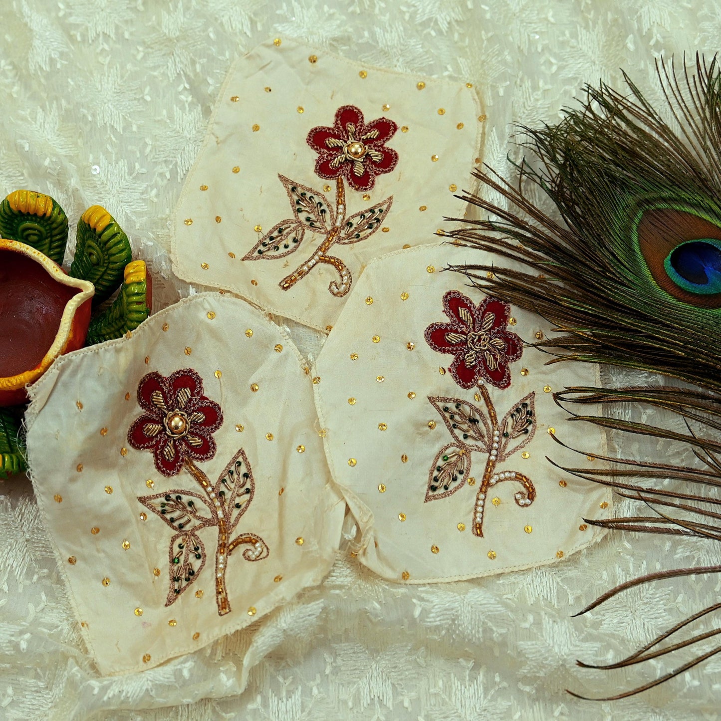 Vintage 3 Pcs Appliques Ivory Sari Pure Silk Applique VERY OLD ANTIQUE Vintage Hand Embroidered Snippets Remnants Craft Journals India Rare