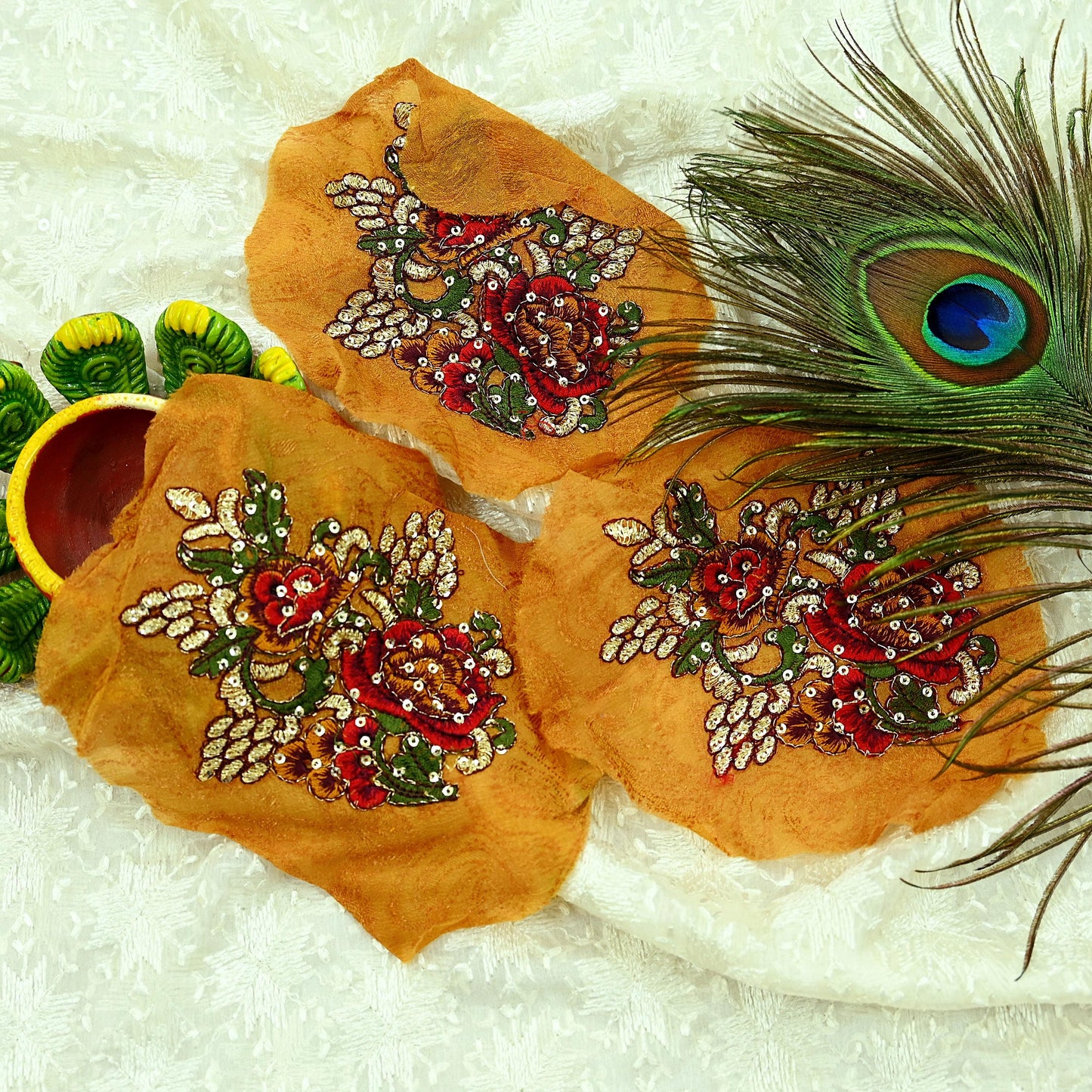 Indian Vintage 3 Pcs Rare Appliques Saffron Pure silk Applique VERY OLD ANTIQUE Vintage Embroidered Snippets Remnants Craft Journals
