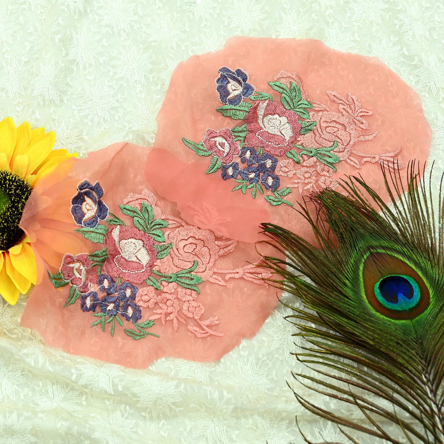 Indian Vintage 2 Pcs Rare Appliques Peach Georgette Applique VERY OLD ANTIQUE Vintage Embroidered Snippets Remnants Craft Journals Peacock