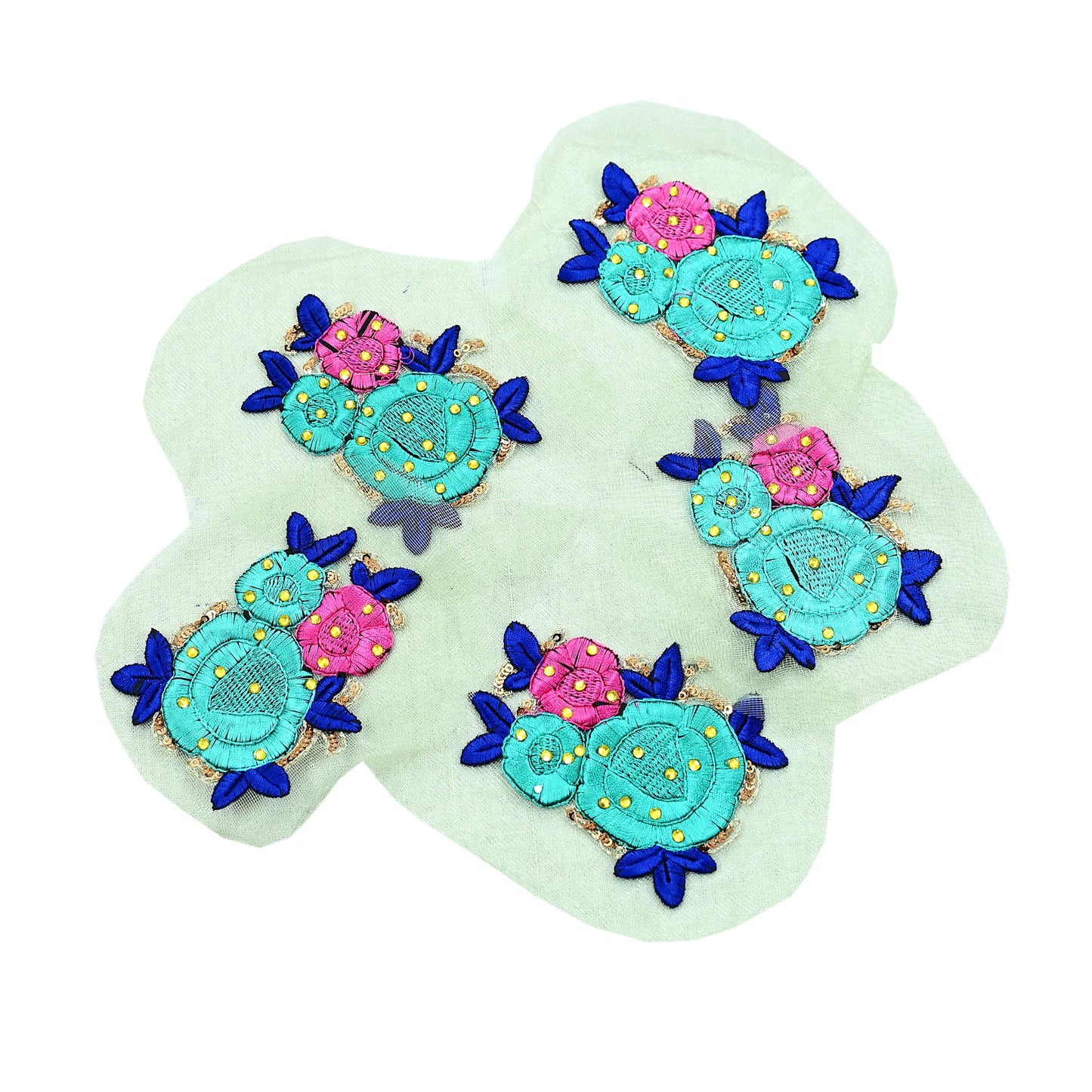 Indian Vintage 5 Pcs Rare Appliques Green Net Applique VERY OLD ANTIQUE Vintage Embroidered Snippets Remnants Craft Journals