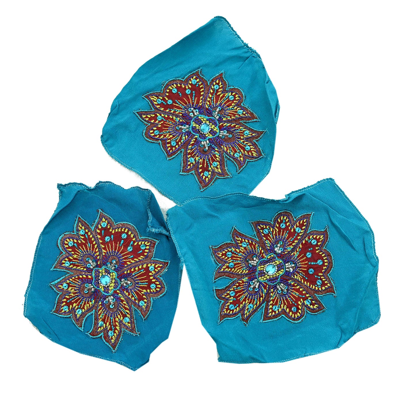 Indian Vintage 3 Pcs Rare Appliques Blue Pure Crepe silk Applique VERY OLD ANTIQUE Vintage Embroidered Snippets Remnants Craft Journals