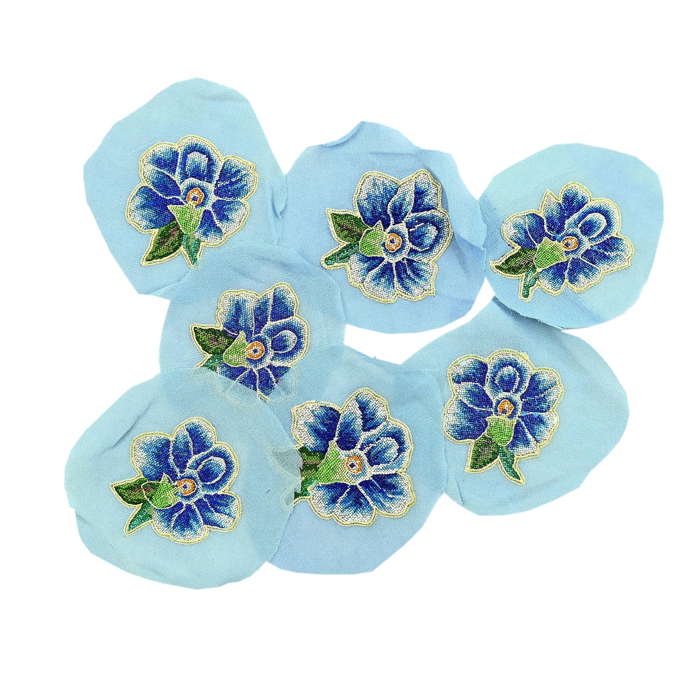 Indian Vintage 7 Pcs Rare Appliques Blue Georgette Applique VERY OLD ANTIQUE Vintage Embroidered Snippets Remnants Craft Journals