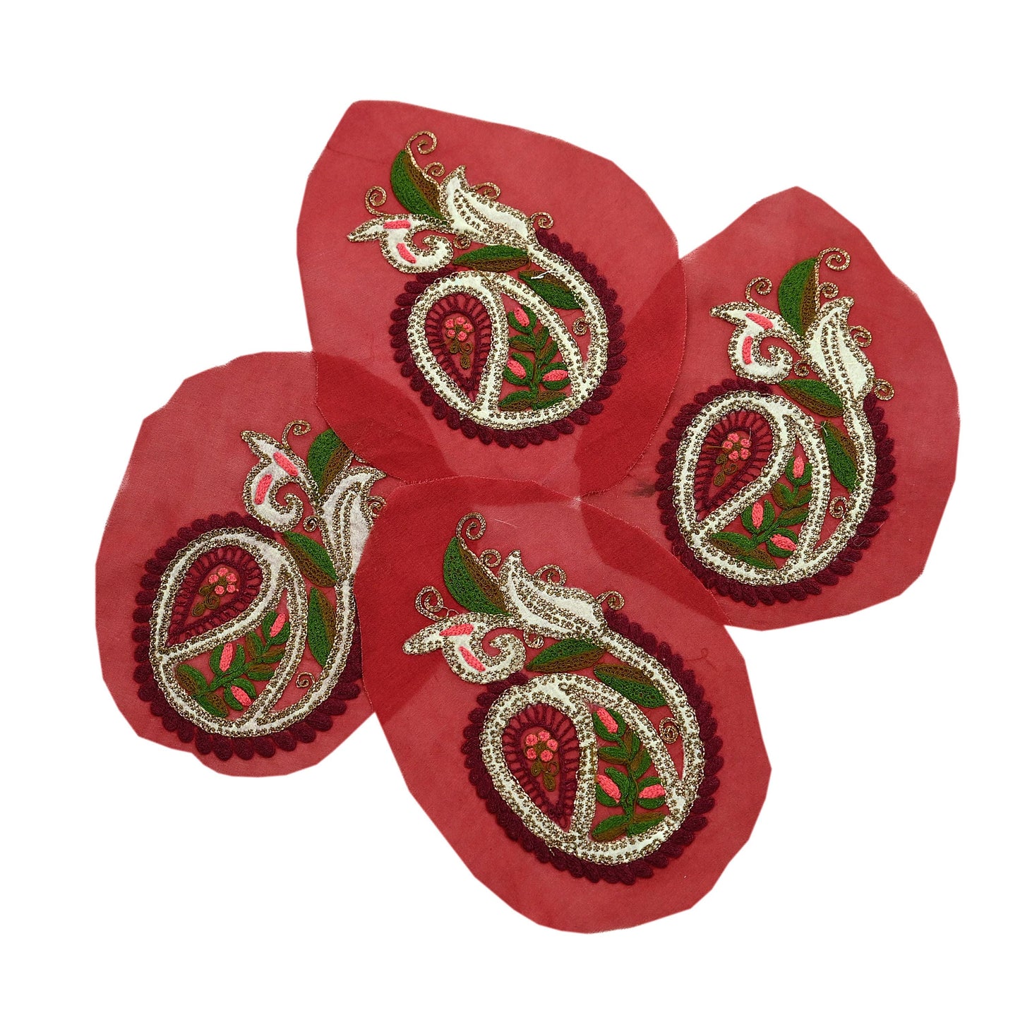 Indian Vintage 4 Pcs Rare Appliques Red Georgette Applique VERY OLD ANTIQUE Vintage Embroidered Snippets Remnants Craft Journals