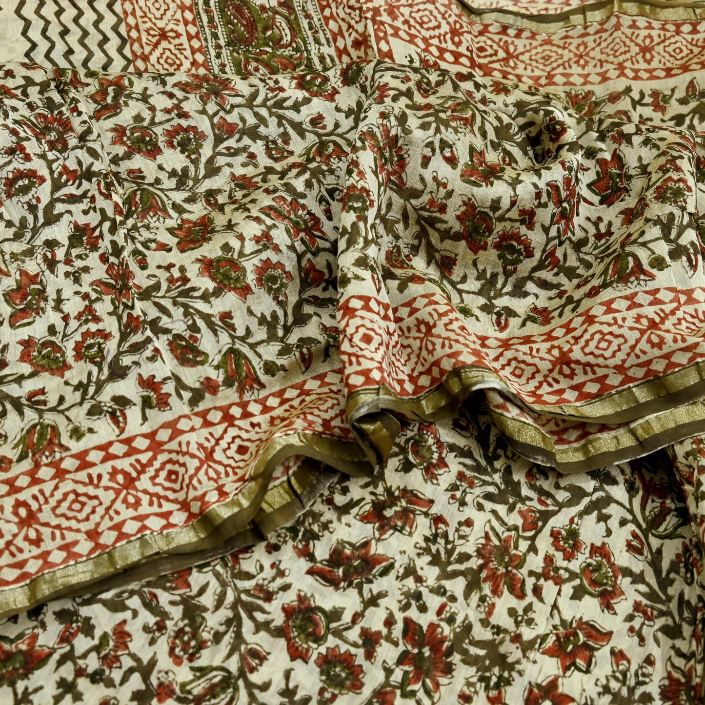 Indian Vintage Sari Beige Block Printed Chanderi Cotton Craft Fabric 5Yd Sewing Soft Dress Making Bollywood sarees Crafting Zari