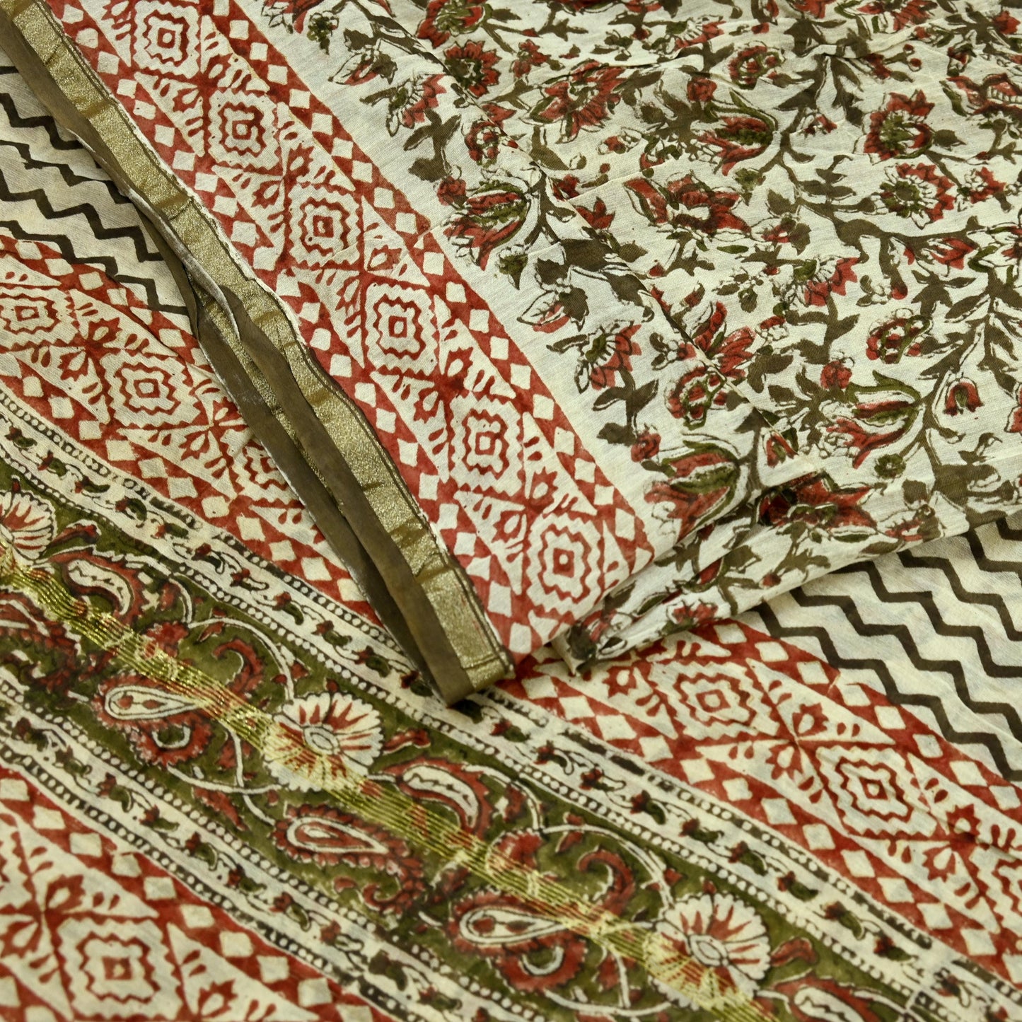 Indian Vintage Sari Beige Block Printed Chanderi Cotton Craft Fabric 5Yd Sewing Soft Dress Making Bollywood sarees Crafting Zari