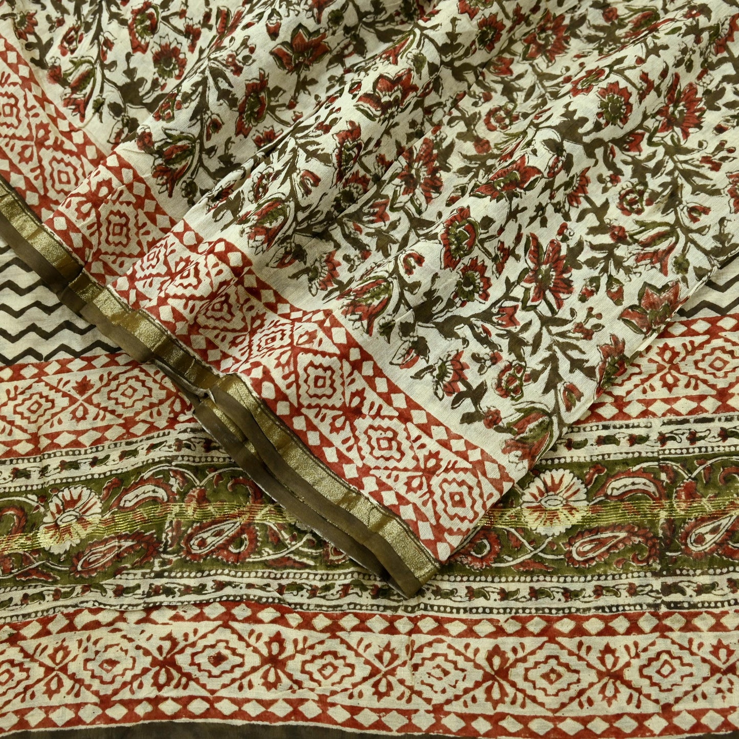 Indian Vintage Sari Beige Block Printed Chanderi Cotton Craft Fabric 5Yd Sewing Soft Dress Making Bollywood sarees Crafting Zari