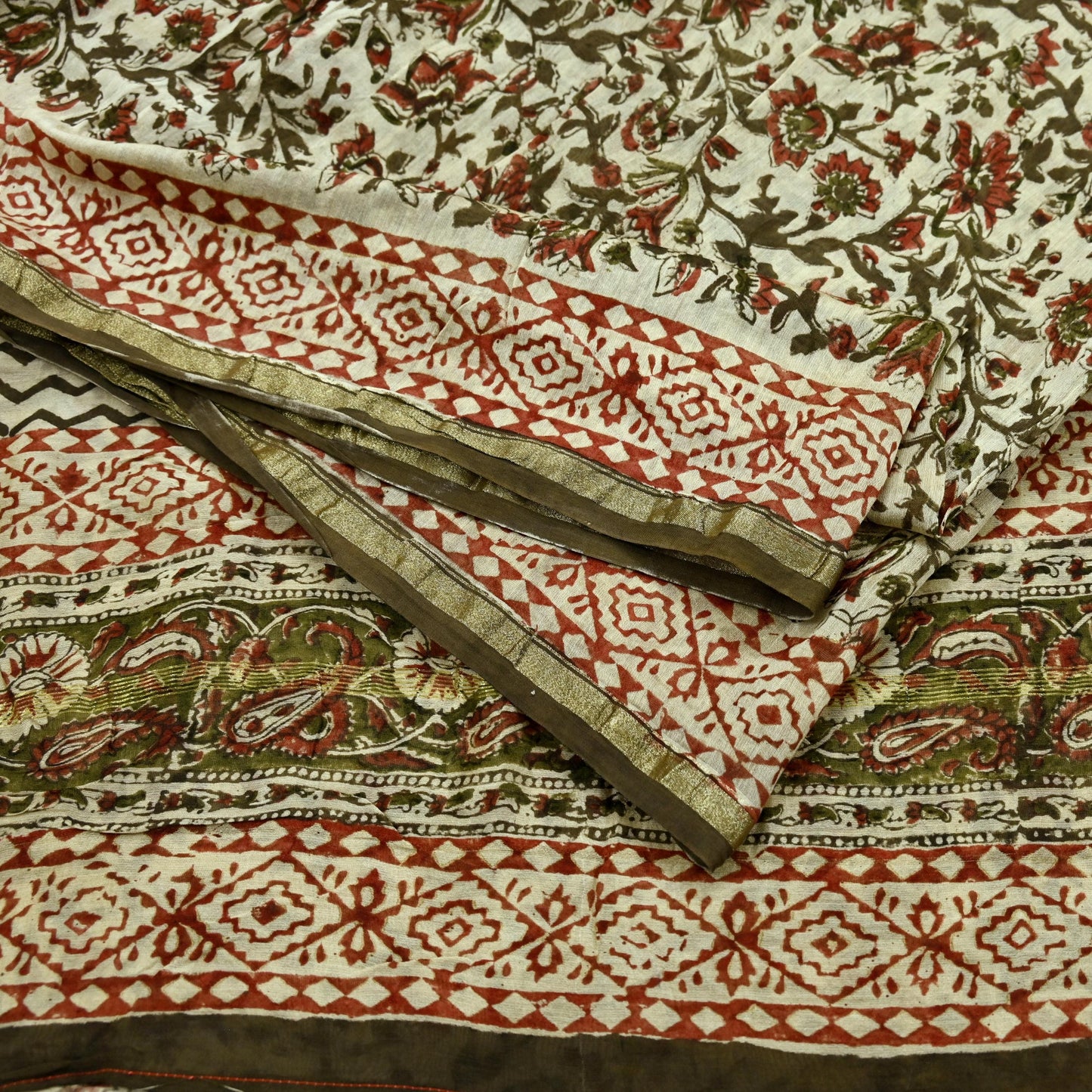 Indian Vintage Sari Beige Block Printed Chanderi Cotton Craft Fabric 5Yd Sewing Soft Dress Making Bollywood sarees Crafting Zari