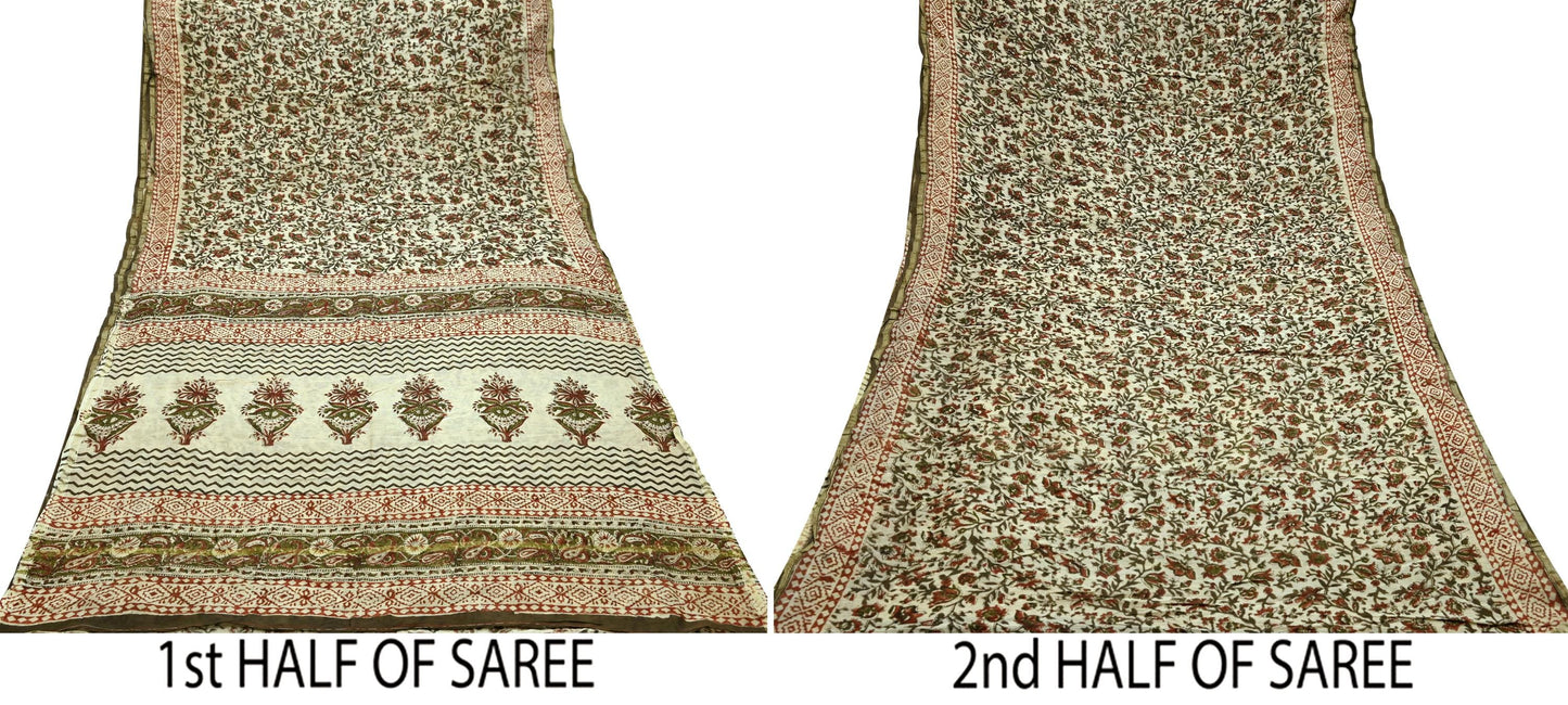 Indian Vintage Sari Beige Block Printed Chanderi Cotton Craft Fabric 5Yd Sewing Soft Dress Making Bollywood sarees Crafting Zari