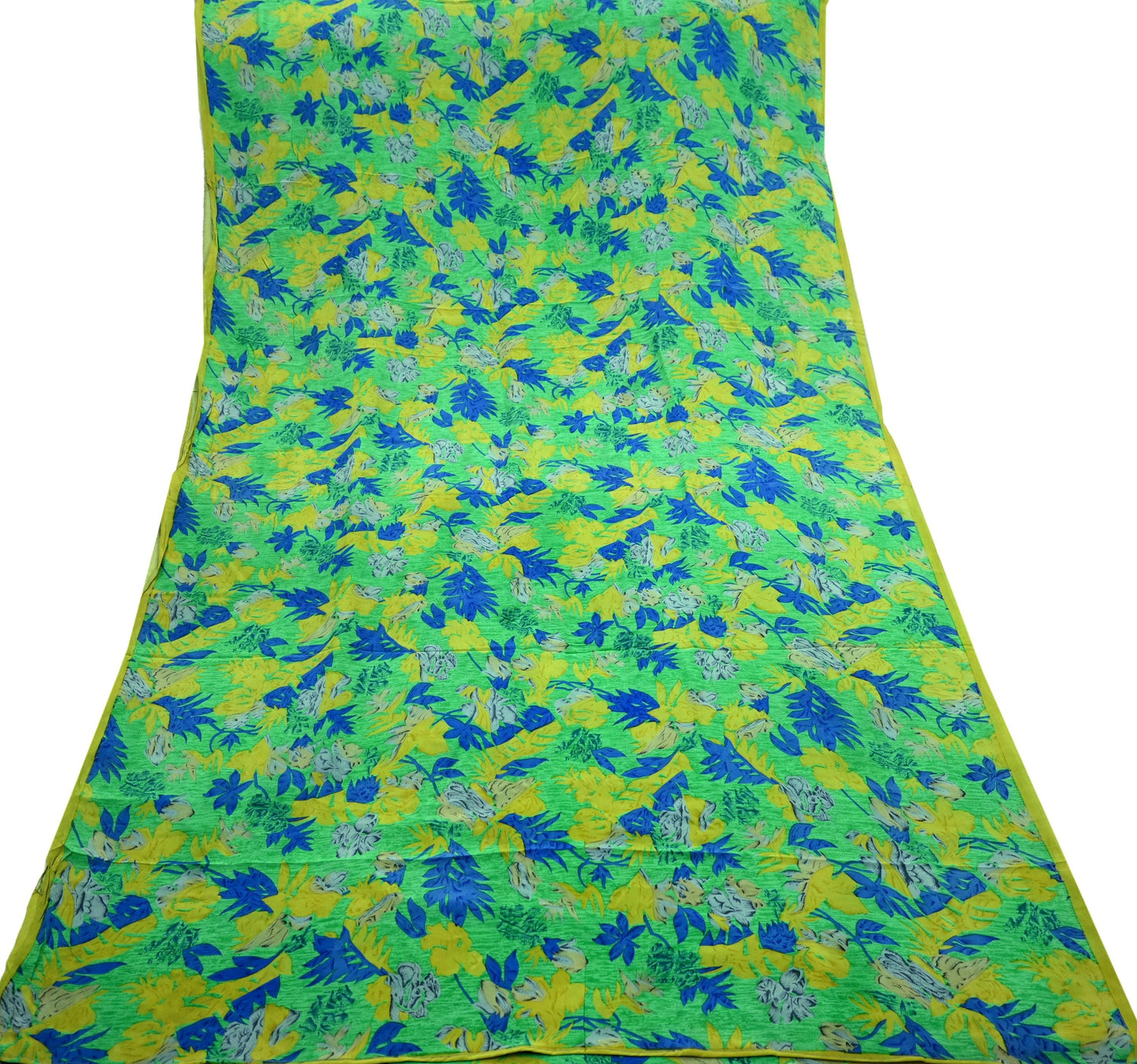 Indian Vintage Sari Lemon & Green Pure Crepe Silk Printed Sarees 6yd Sewing Floral Craft Fabric Wrap Dress making For Crafting Quilting