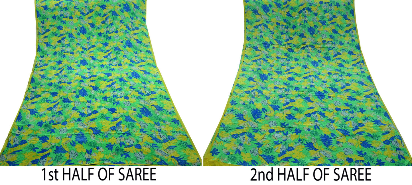 Indian Vintage Sari Lemon & Green Pure Crepe Silk Printed Sarees 6yd Sewing Floral Craft Fabric Wrap Dress making For Crafting Quilting