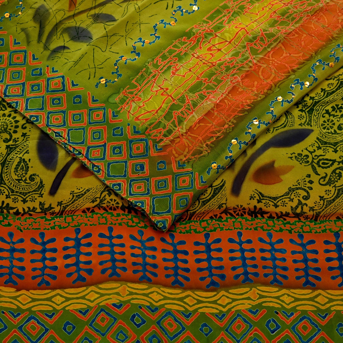 Indian Vintage Sari Orange & Green Pure Crepe Silk Hand Embroidered Saree 5yd Sewing Floral Craft Sequins Dress making Crafting Quilting