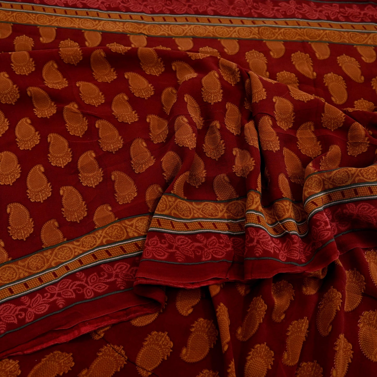 Women Vintage Sari Maroon Pure Georgette Silk Printed Saree Craft Fabric Sewing 6Yd Soft Light Dress Making Floral Quilting Paisley