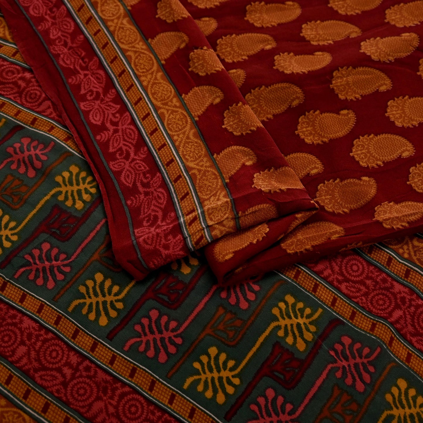 Women Vintage Sari Maroon Pure Georgette Silk Printed Saree Craft Fabric Sewing 6Yd Soft Light Dress Making Floral Quilting Paisley